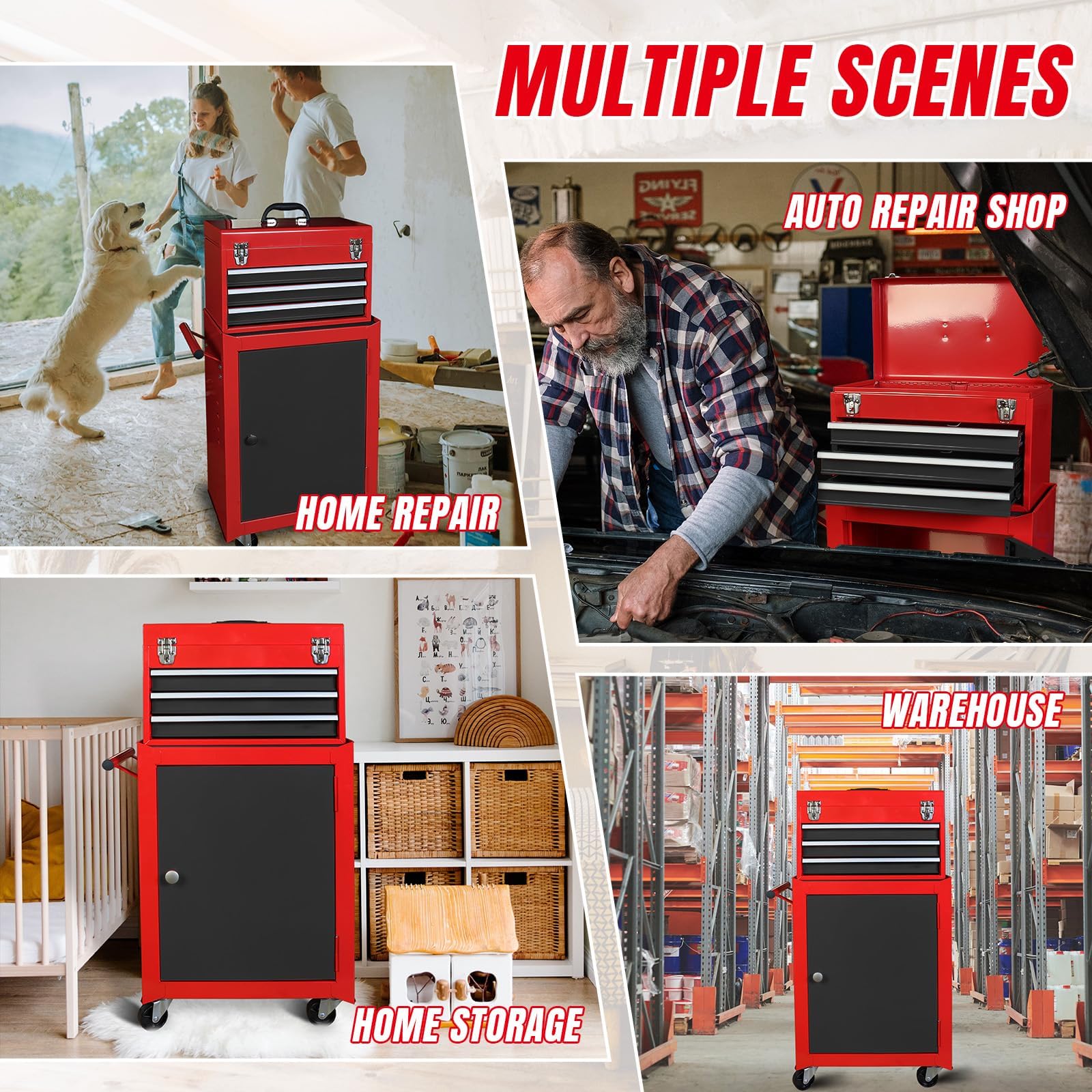 BIG RED ATBD134R-RB-4 Torin Rolling Tool Chest - 3 Drawer Workshop Organizer with Detachable Storage Cabinet & Adjustable Shelf, Red/Black - Perfect for Garage, Workshop & DIY Projects