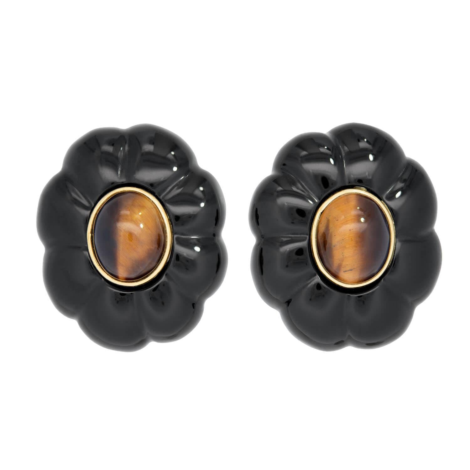 14K Gold Retro Onyx and Tiger's Eye Flower Earrings for Women - Vintage Dangle Drop Earrings for Party, Wedding & Special Occasions