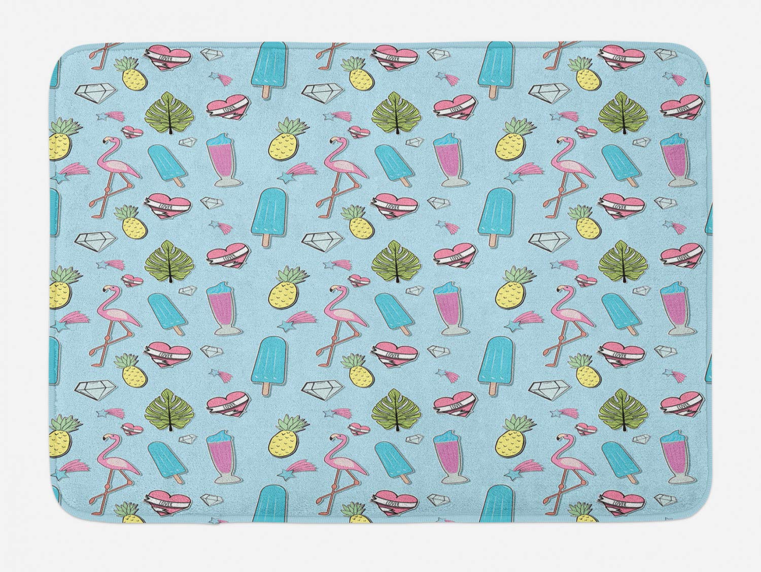 Ambesonne Summer Bath Mat - Non-Slip Plush Bathroom Rug with Fun Popsicle, Flamingo, Pineapple, Diamond, Heart, Star & Leaf Patterns - 30.2