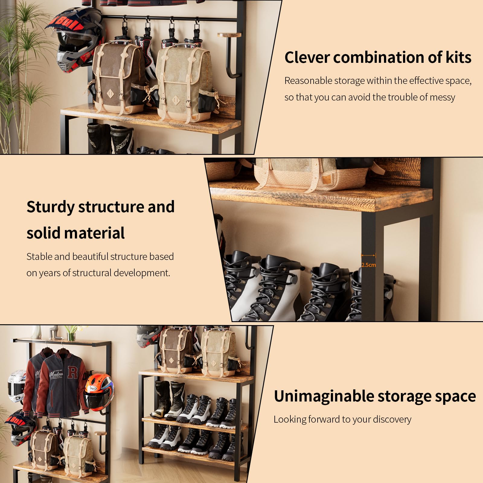 Motorcycle Helmet Holder - Floor & Wall Mounted Stand with Helmet Rack, 4 Glove Chips & 4 Hooks - Rustic Design for Most Helmets - Perfect for Garage, Shed, or Workshop Organization