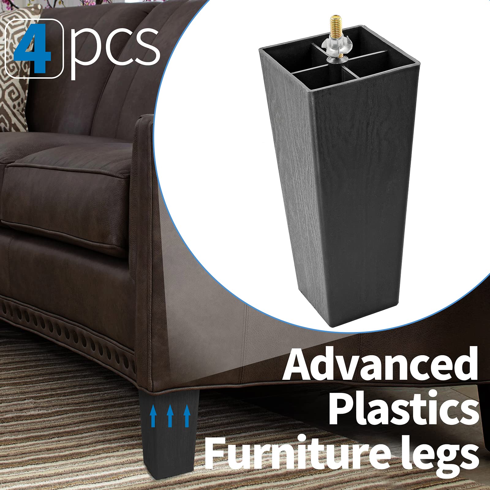 8 Inch Black Plastic Square Furniture Legs - Set of 4 M8 Replacement Feet for Sofa, Couch, Armchair, Bed, Cabinet & Desk - Mid Century Modern Style Home Decor Upgrade for Living Room, Bedroom & Office
