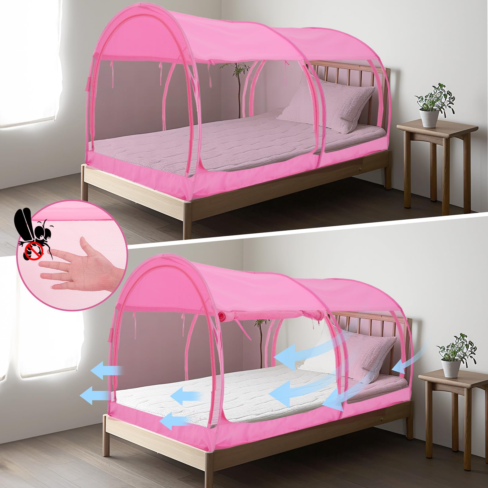 Alvantor Twin Size Mosquito Net Bed Canopy - Breathable Pop Up Dream Tent with Portable Frame for Indoor Privacy Space, Cottage Pink (Mattress Not Included) | Perfect for Bedrooms, Camping, Dorm Rooms & Kids Sleepovers