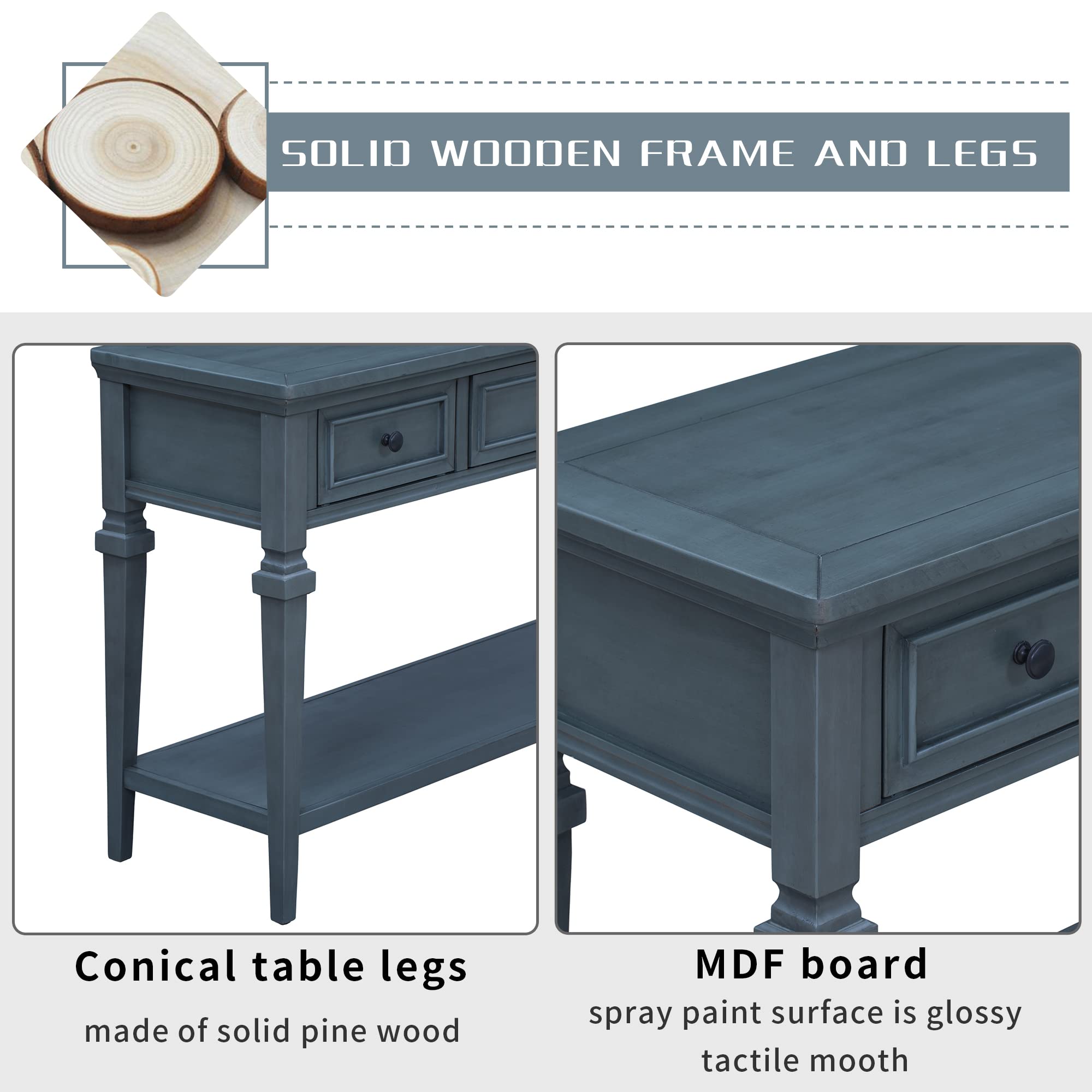 P PURLOVE Navy Console Table with 2 Drawers & Open Shelf - Entryway Sofa Table, Hallway Accent Furniture for Living Room, Bedroom & Office Organization