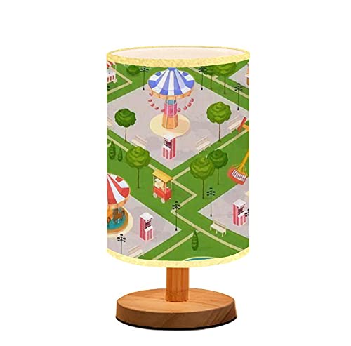 Minimalist Wooden Flaxen Fabric Shade Table Lamp - Carousel Seamless Pattern Nightstand Light for Bedroom, Living Room & Nursery | Perfect for Breastfeeding, Reading & Cozy Ambiance