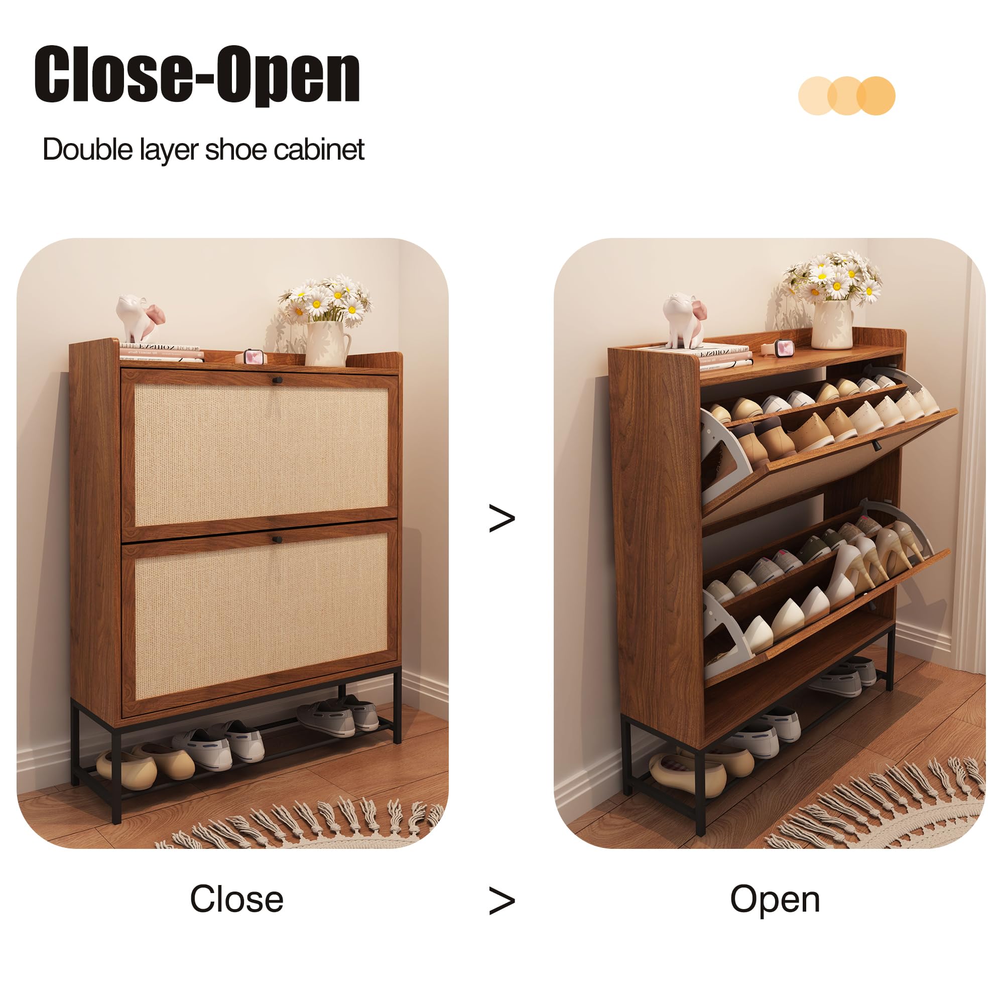 Narrow Shoe Storage Cabinet with 2 Flip Drawers - Freestanding Slim Shoe Organizer | Wooden Closed Shoe Rack for Entryway, Hallway & Living Room | Walnut Finish | Perfect for Small Spaces & Apartment Organization