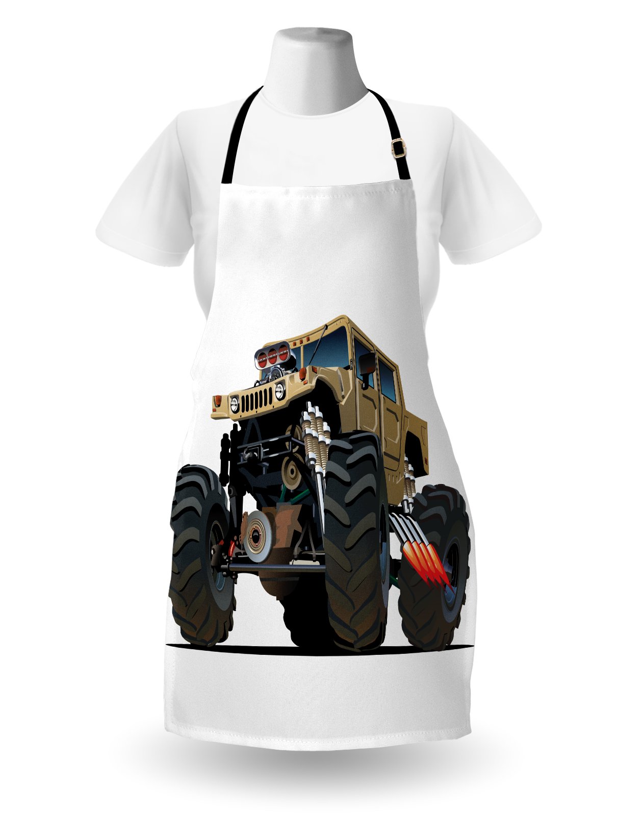 Ambesonne Cars Apron - Extra Large Monster Pickup Truck with Oversized Tires Racing Design - Adjustable Unisex Kitchen Bib for Cooking, Baking, Grilling & Gardening - Perfect for BBQ Parties, Outdoor Cooking & Home Kitchen Use