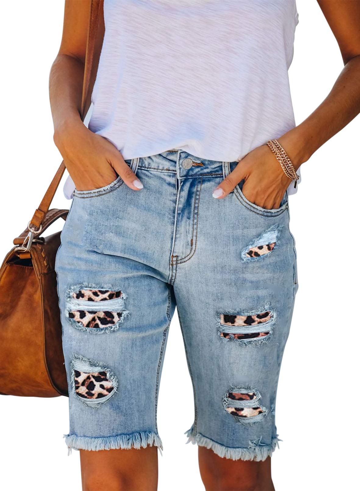 Sidefeel Women's Distressed Denim Bermuda Shorts with Raw Hem - Casual Summer Wear, Beach Outfits, Street Style Fashion