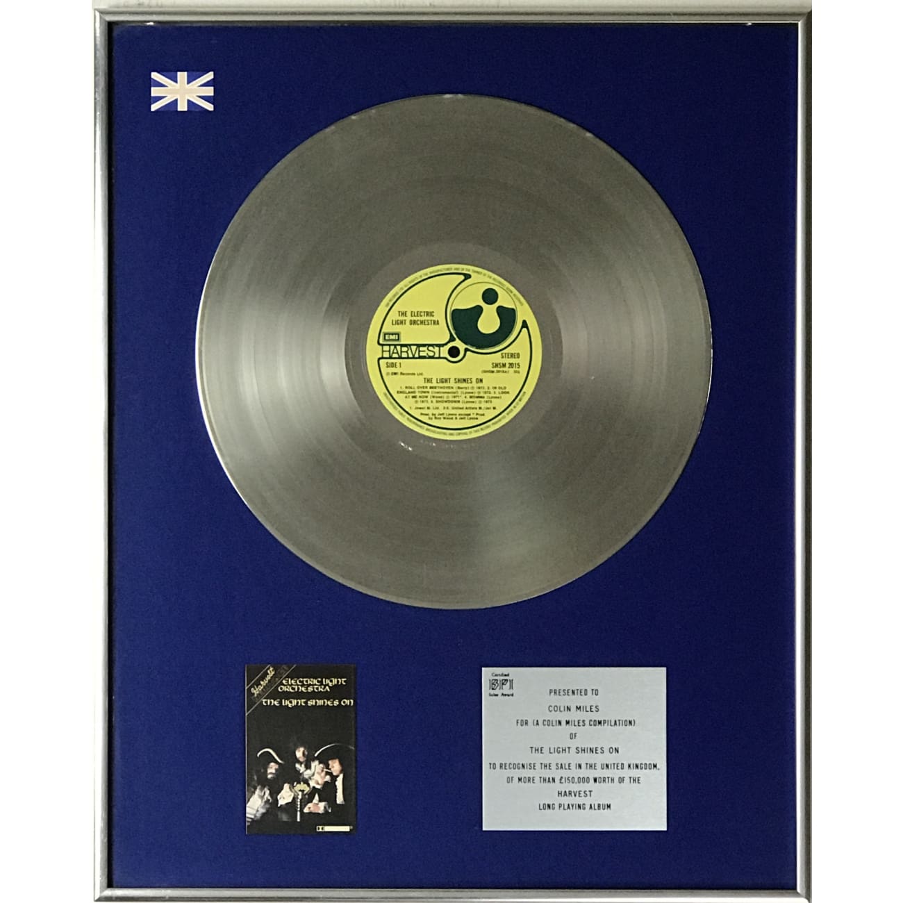 ELO The Light Shines On BPI 1979 Silver LP Award - Vintage Record Collector's Item - Perfect for Music Enthusiasts & Retro Home Decor