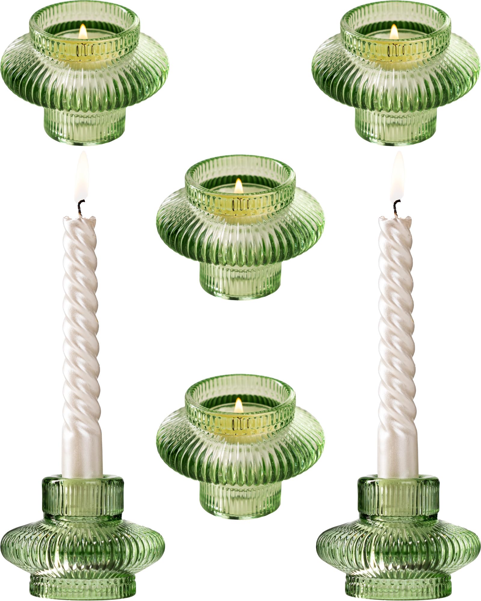 Set of 6 Green Taper Glass Candle Holders for Taper Candles & Tea Lights - Elegant Candle Stick Holders for Wedding Centerpieces, Party Decorations, Holiday Tablescapes & Romantic Dinner Settings
