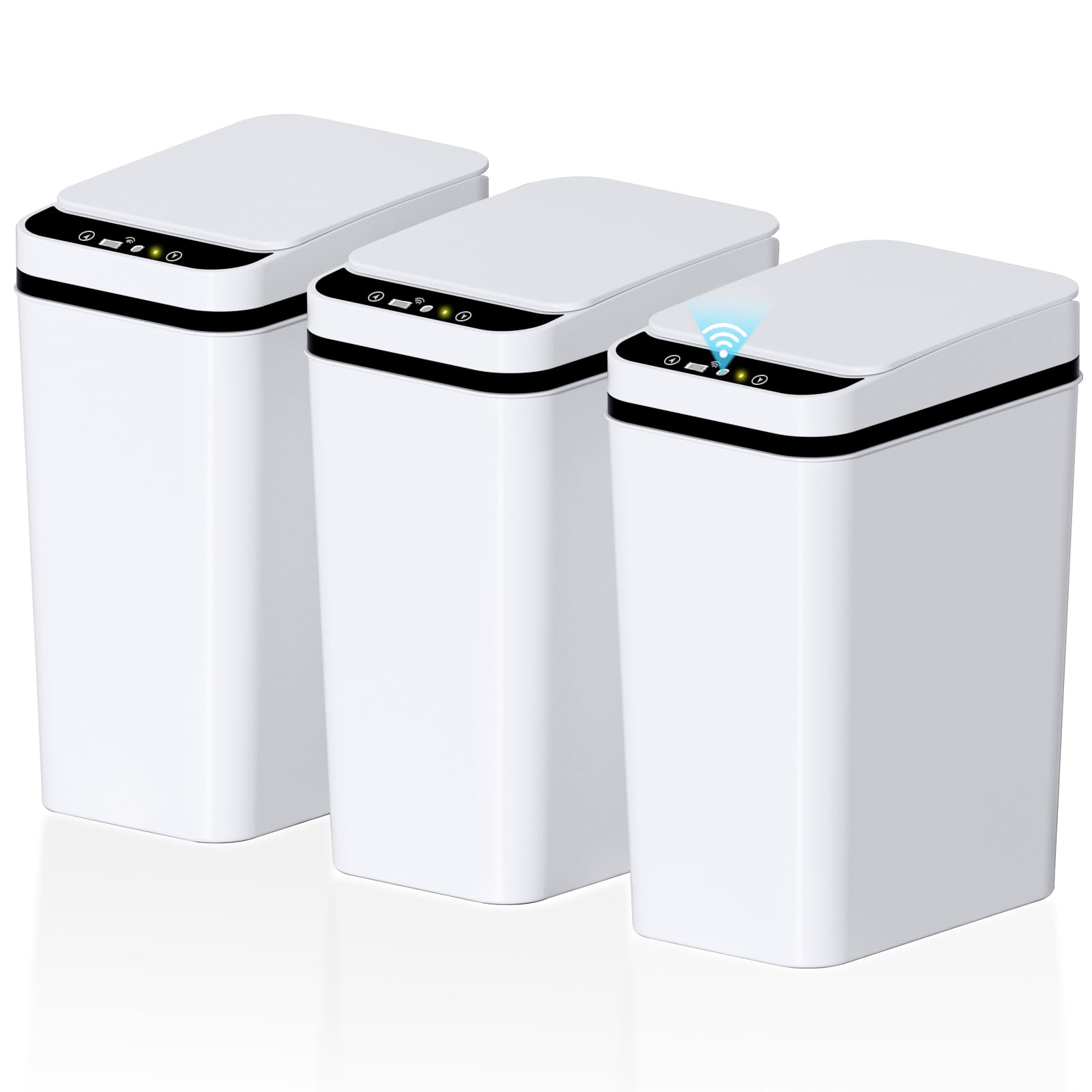 3-Pack Automatic Motion Sensor Trash Can with Lid, 2.6 Gallon Slim Waterproof Touchless Garbage Bin for Bathroom, Bedroom, Office & Living Room - White | Hands-Free Waste Disposal for Hygiene & Convenience