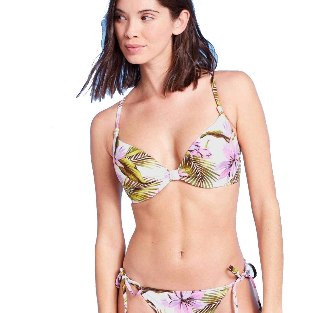 Shade & Shore Women's Lightly Lined Textured Bikini Top - White Floral Print Swimwear for Beach Vacation & Pool Party | Comfortable Support & Stylish Design