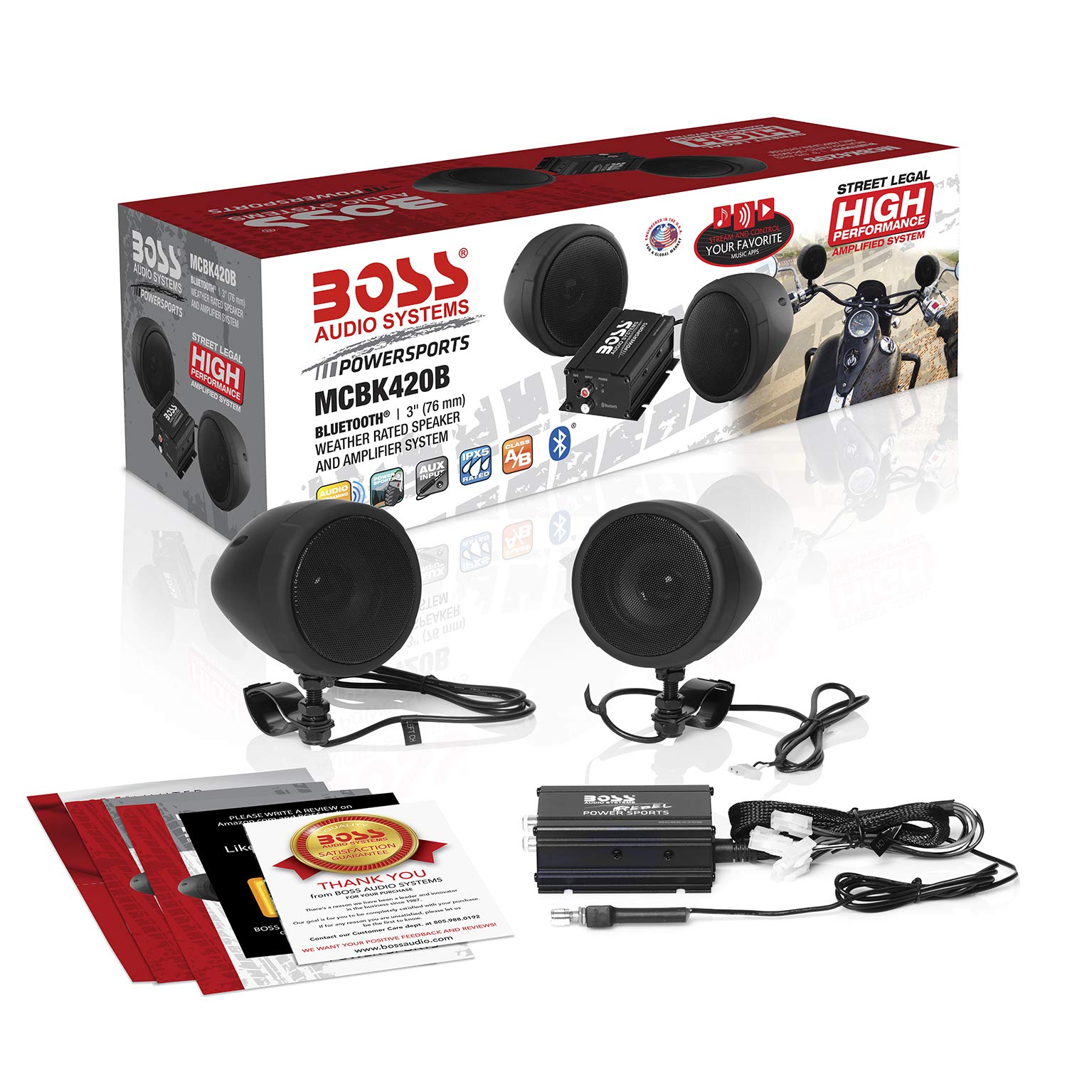 BOSS Audio Systems MCBK420B Bluetooth Speaker System - 400W Class D Compact Amplifier, 3 Inch Weatherproof Marine Speakers with Volume Control | Perfect for ATVs, Motorcycles, Boats & 12V Vehicles | Outdoor, Marine & Off-Road Adventures