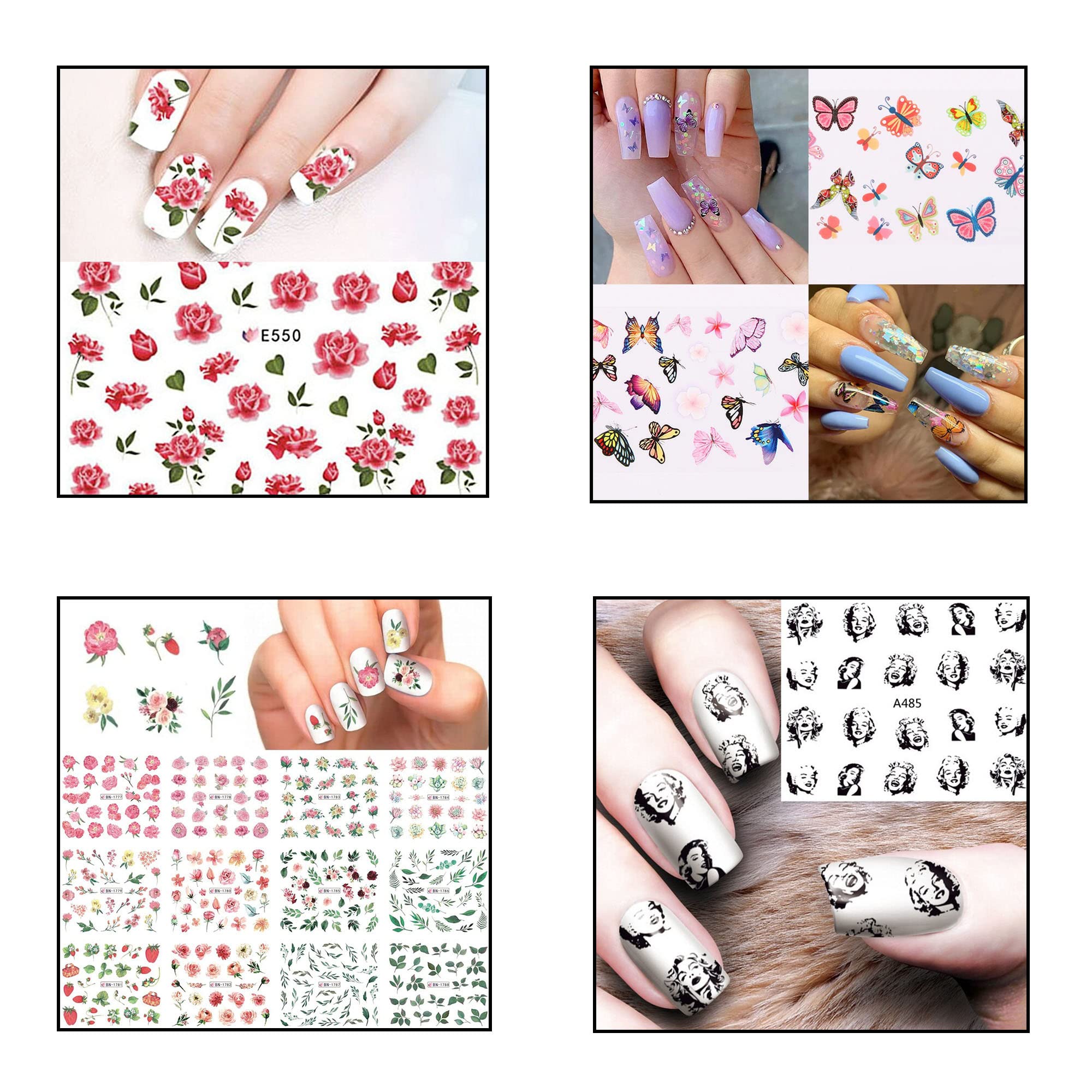 Beromt Multi-Color Butterfly Nail Art Stickers - Self-Adhesive Water Transfer Decals for Manicure, Floral Nail Wraps for Women (Set of 3) - Perfect for Valentine's Day, Bridal Nails & DIY Home Salon