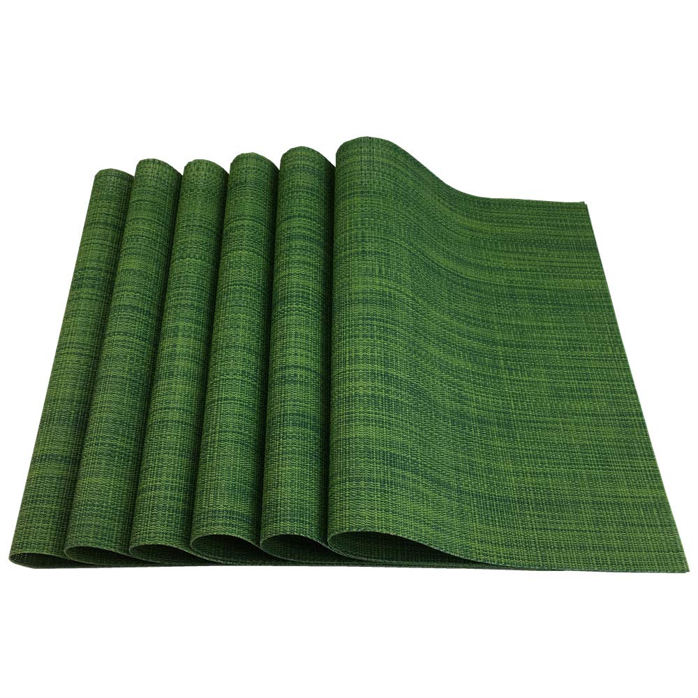 6-Pack Stain-Resistant PVC Placemats for Dining Table - Washable, Wipeable Vinyl Table Mats in Algae Green - Perfect for Kitchen, Dining Room, and Outdoor Entertaining