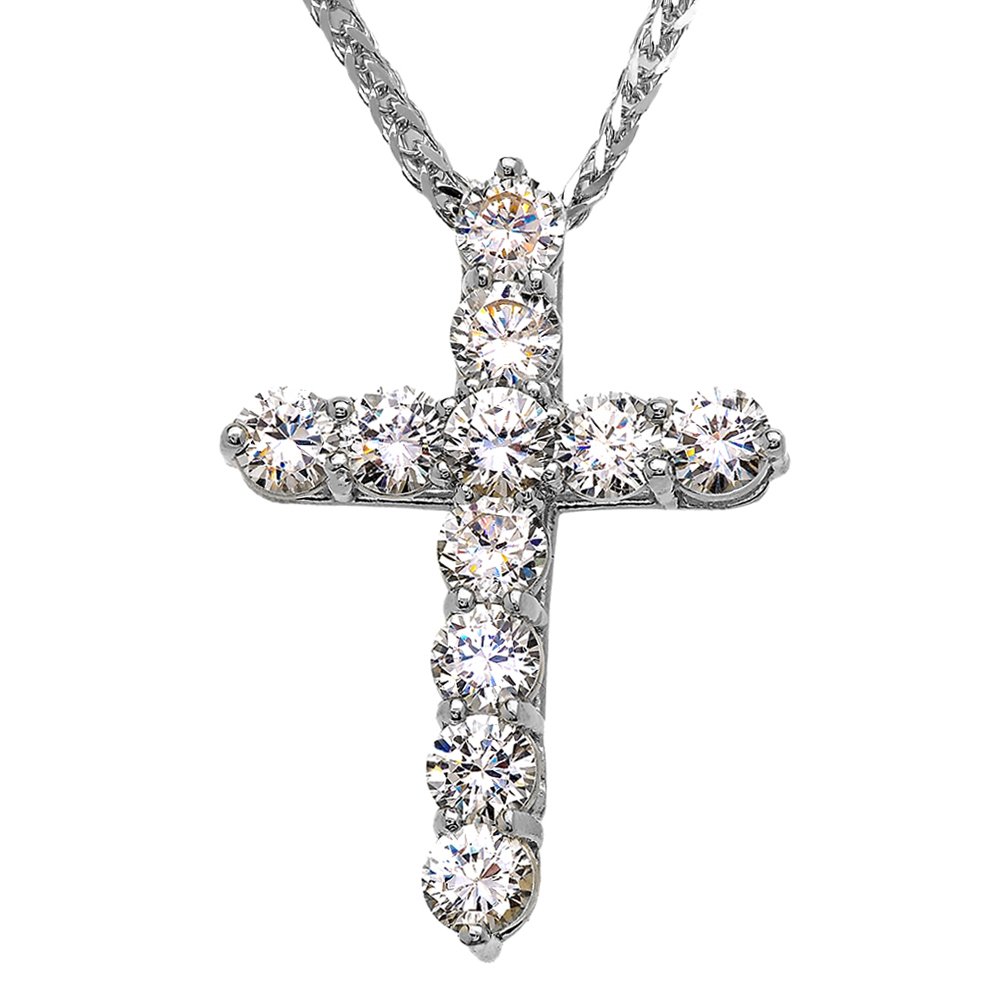 Elegant Sterling Silver 7 Carat Round Cubic Zirconia Cross Pendant Necklace for Women - Large Size Hypoallergenic Religious Jewelry Gift for Baptism, Confirmation & Everyday Wear