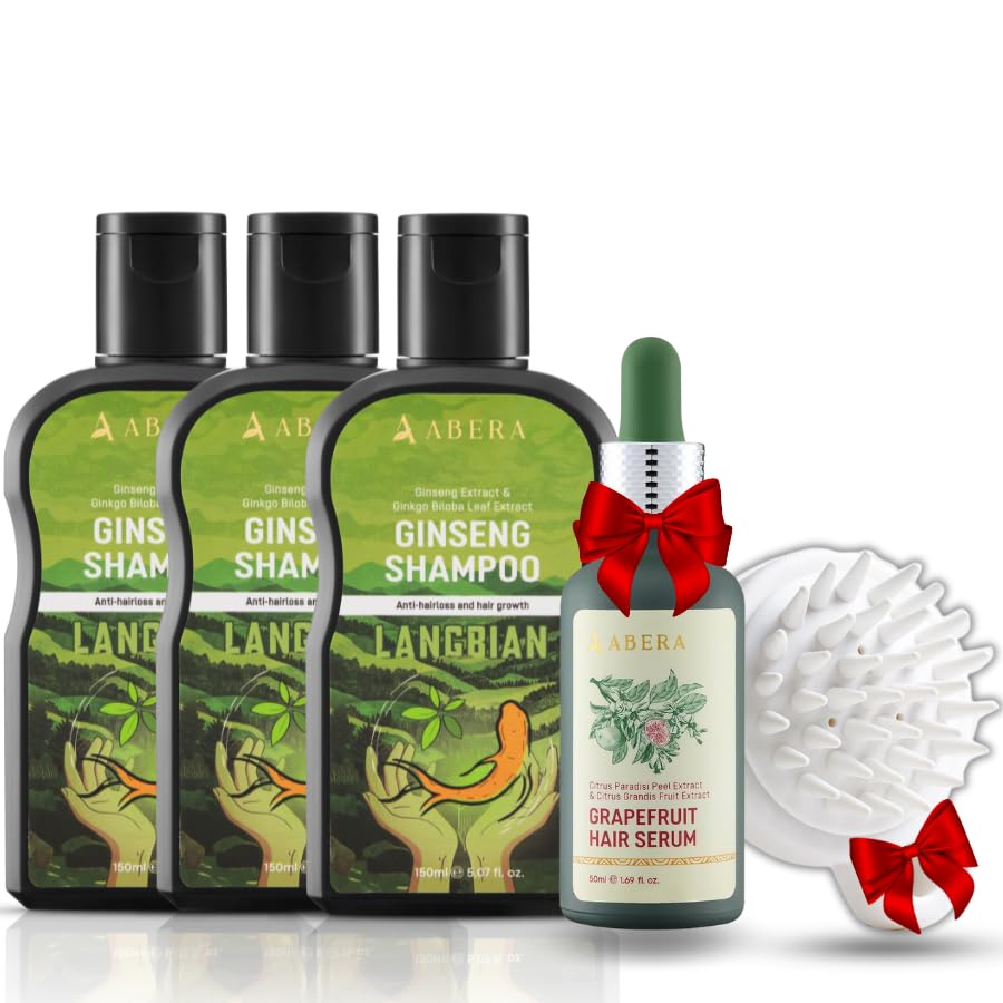 ABERA Langbian Anti-Dandruff Shampoo with Ginseng Extract - Natural Herbal Formula, Paraben & Sulfate Free (3-Pack) | Includes Free Grapefruit Serum & Scalp Massage Comb | For Dry, Itchy Scalp & Flaky Hair Care