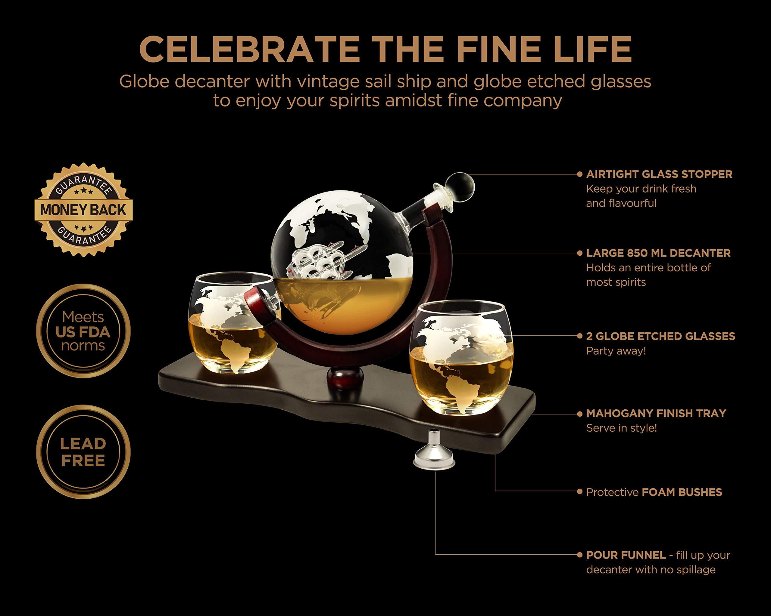 FlyBold Military Shadow Box Display Case - 3x5 ft American Flag with Certificate, 95% Flag Coverage, Mahogany Frame & Whiskey Decanter Set (28oz Globe with 2 Glasses & Funnel) - Perfect for Home Decor, Man Cave, Military Memorabilia Display & Whiskey Lover Gifts