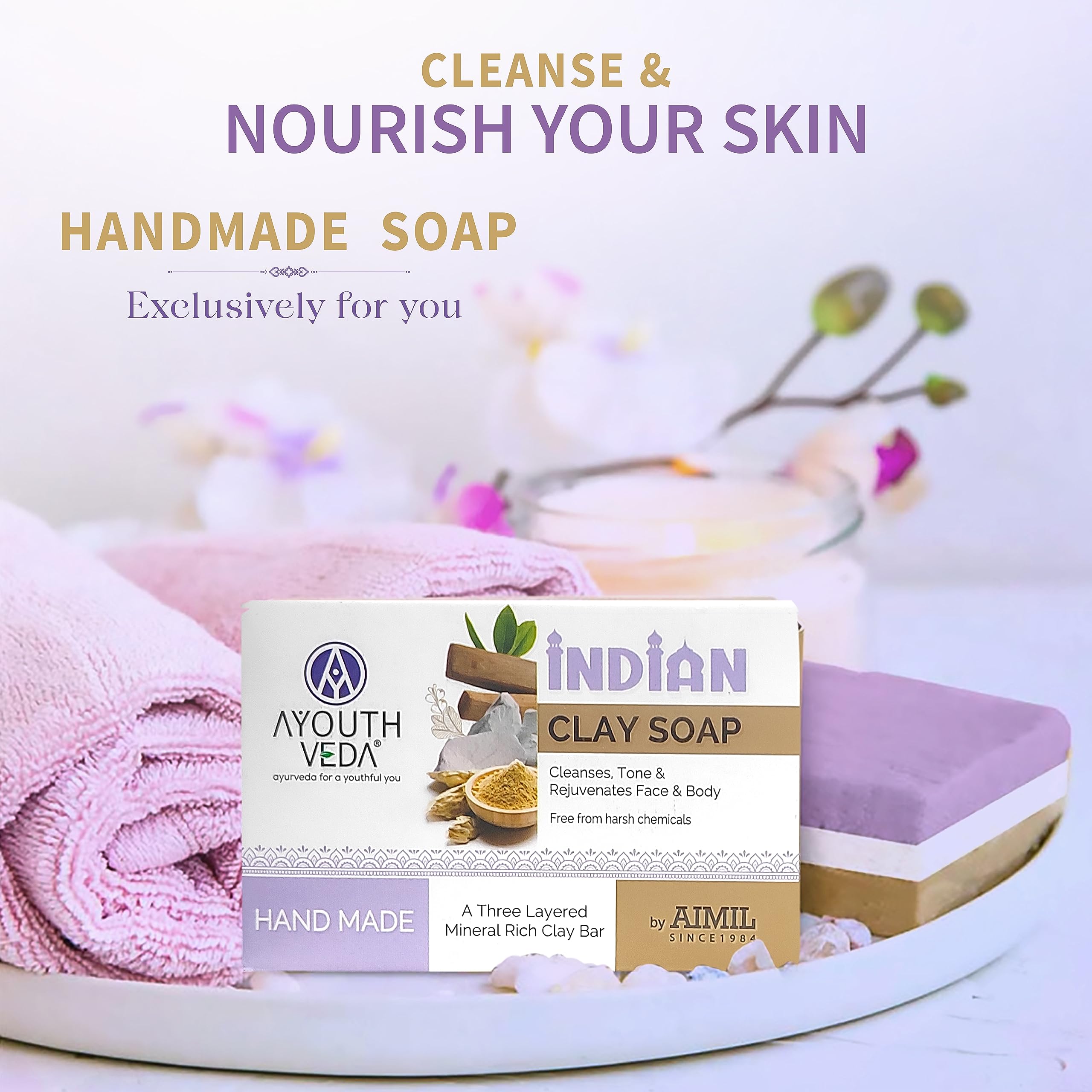 Ayurvedic Handmade Herbal Soap Set - Indian Clay Soap & Castile Soap for Sensitive Skin (3.5oz Each) | Natural Ingredients with Sandalwood Oil, Multani Mitti & Coconut Oil | Skin Brightening, Chemical-Free | Perfect for Daily Cleansing, Spa Days & Gift Giving