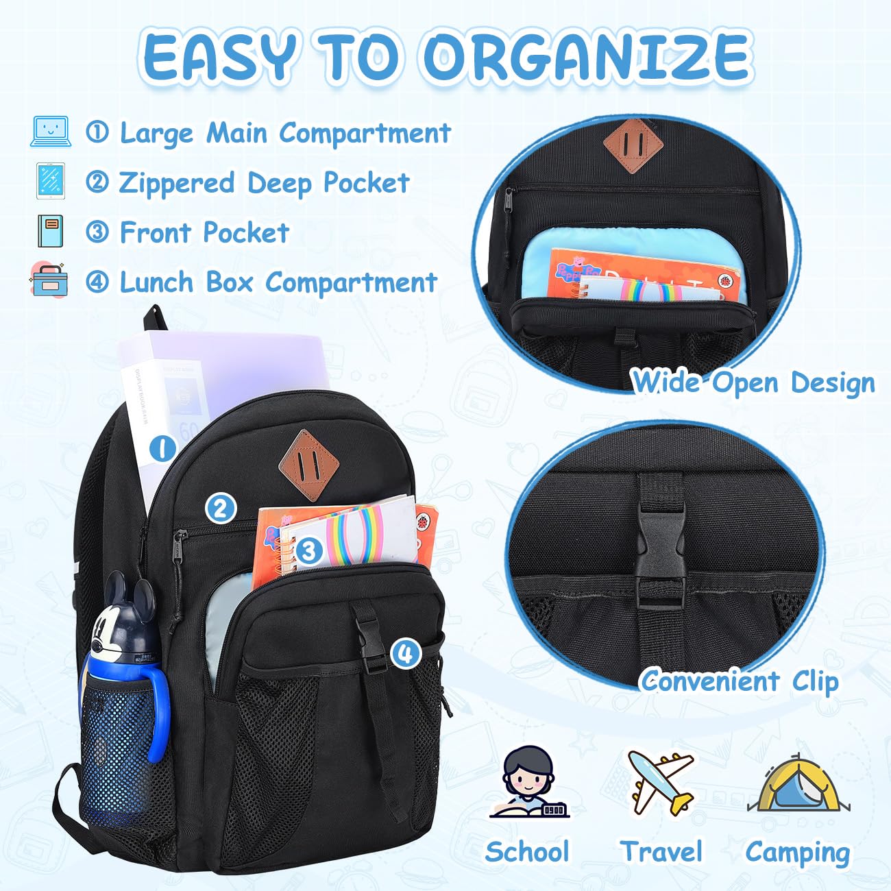 VASCHY Kids Backpack with Insulated Lunch Box Set - School Bookbag for Toddlers, Preschool, Daycare, Kindergarten & Elementary Students | Black | Perfect for School, Travel & Outdoor Activities