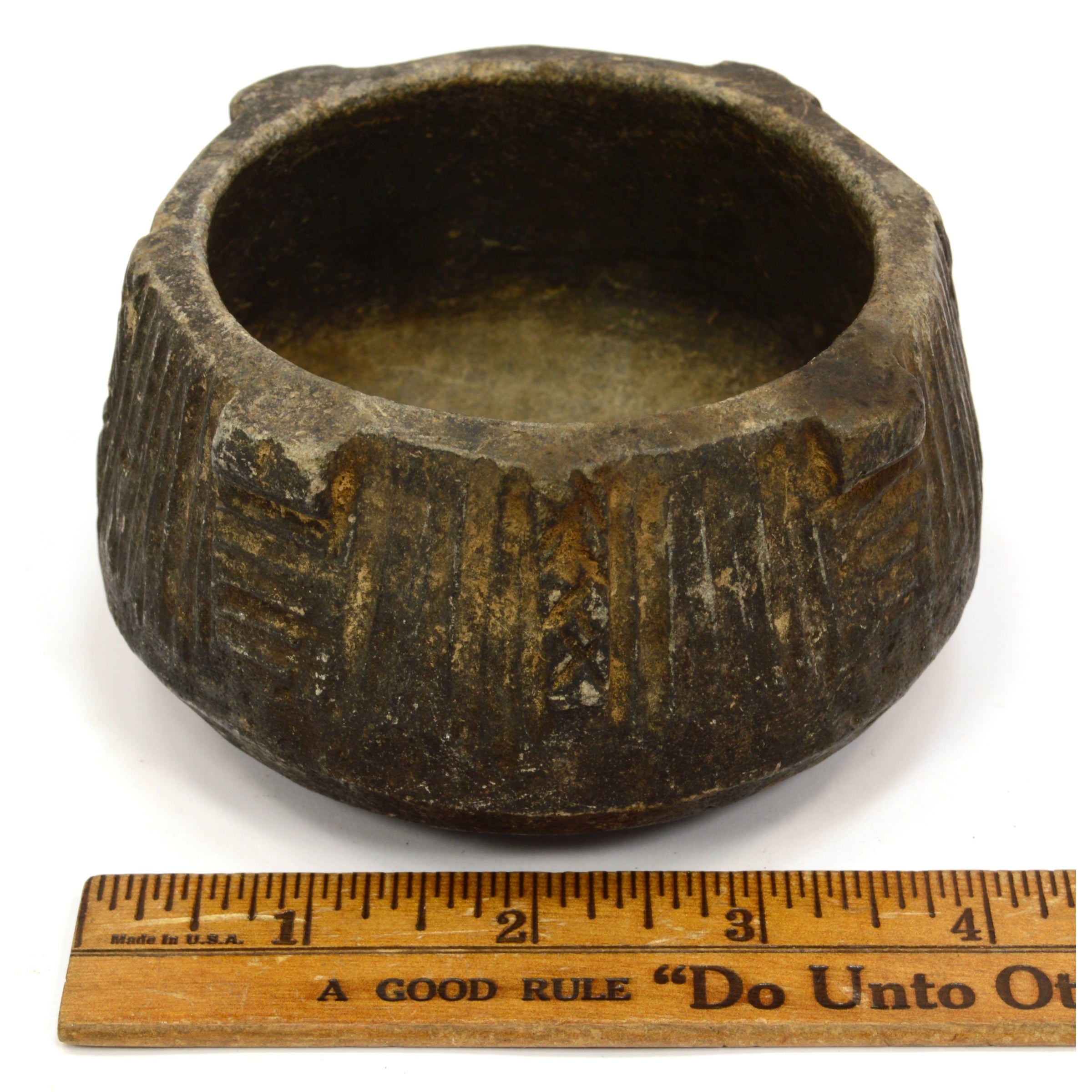 Ancient Pre-Columbian Steatite Bowl - Hand-Carved Black Soapstone with Nubs & Ribbed Design - Authentic Artifact for Home Decor, Meditation & Collectors