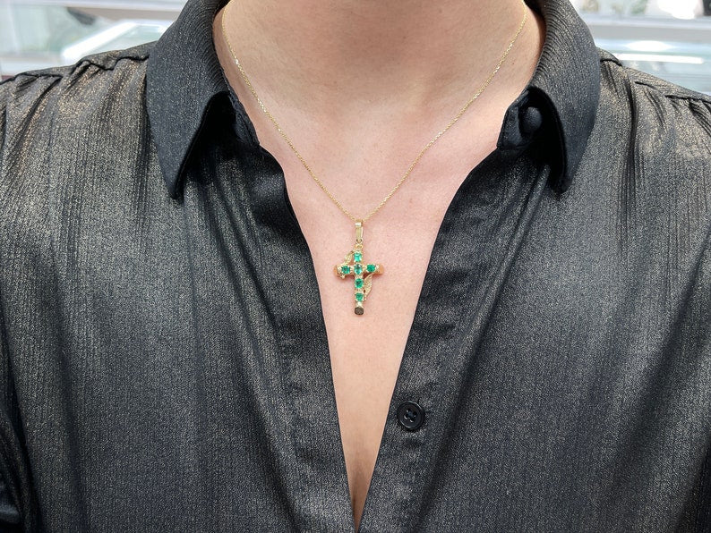 1.75tcw 14K Gold Real Emerald Cross Pendant Necklace - Medium Dark Vivid Green Gemstone Jewelry for Men & Women | Perfect for Gifts, Weddings & Everyday Elegance