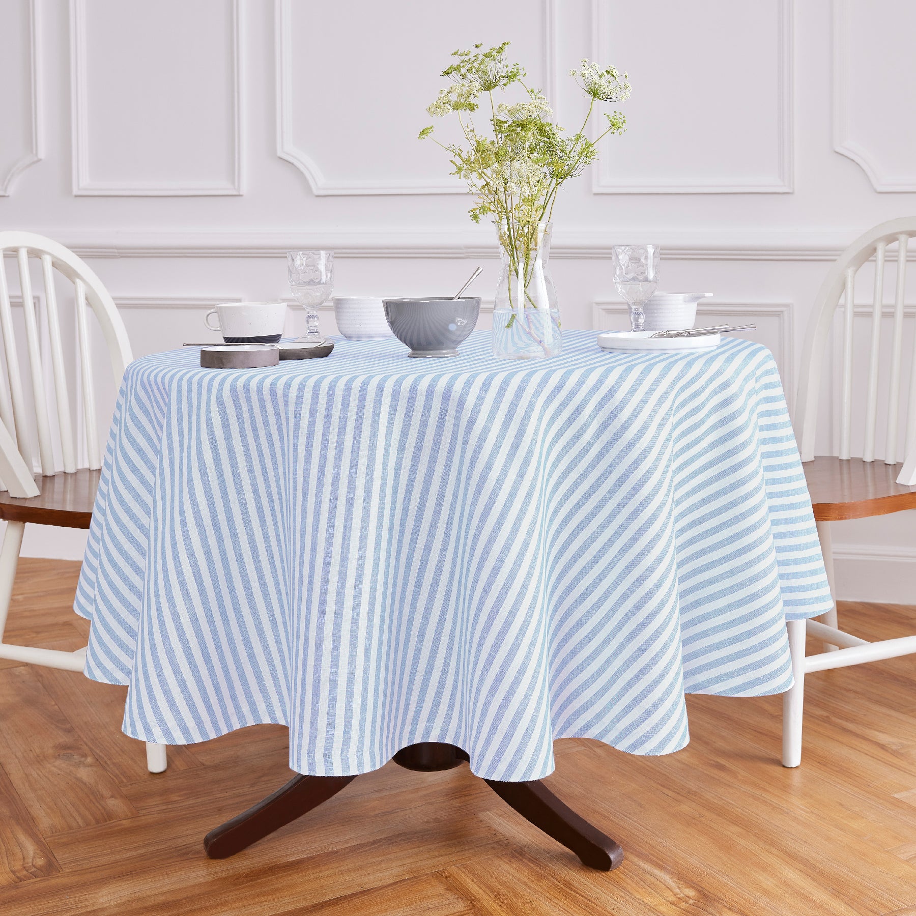 Amalfi Stripe Round Tablecloth - Waterproof & Stain-Resistant 60-Inch Dining Table Cover for Indoor/Outdoor Use - Perfect for Parties, Picnics, and Family Gatherings