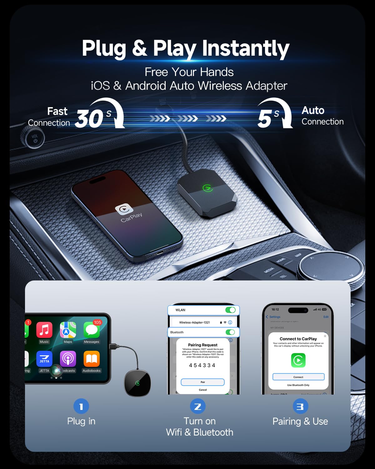 2 in 1 Wireless CarPlay Adapter for iPhone & Android Auto - Plug & Play Wireless Car Adapter with 0 Delay & Stable Connection - Convert Wired to Wireless for iOS 10+/Android 11+ (2025 Black) - Perfect for Commuting, Road Trips & Hands-Free Driving
