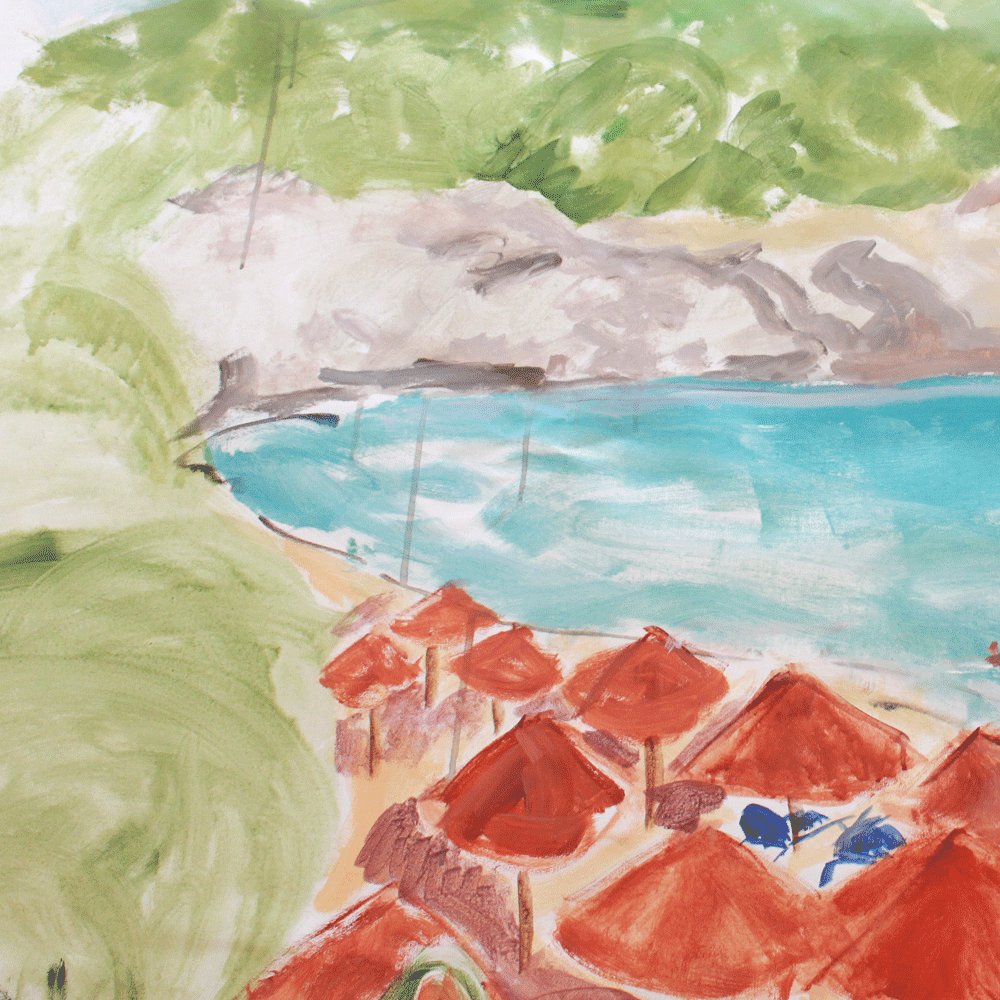 Virginia Johnson Hand-Painted Beach Near Gythio Greece Backdrop - Perfect for Photography, Events & Home Decor