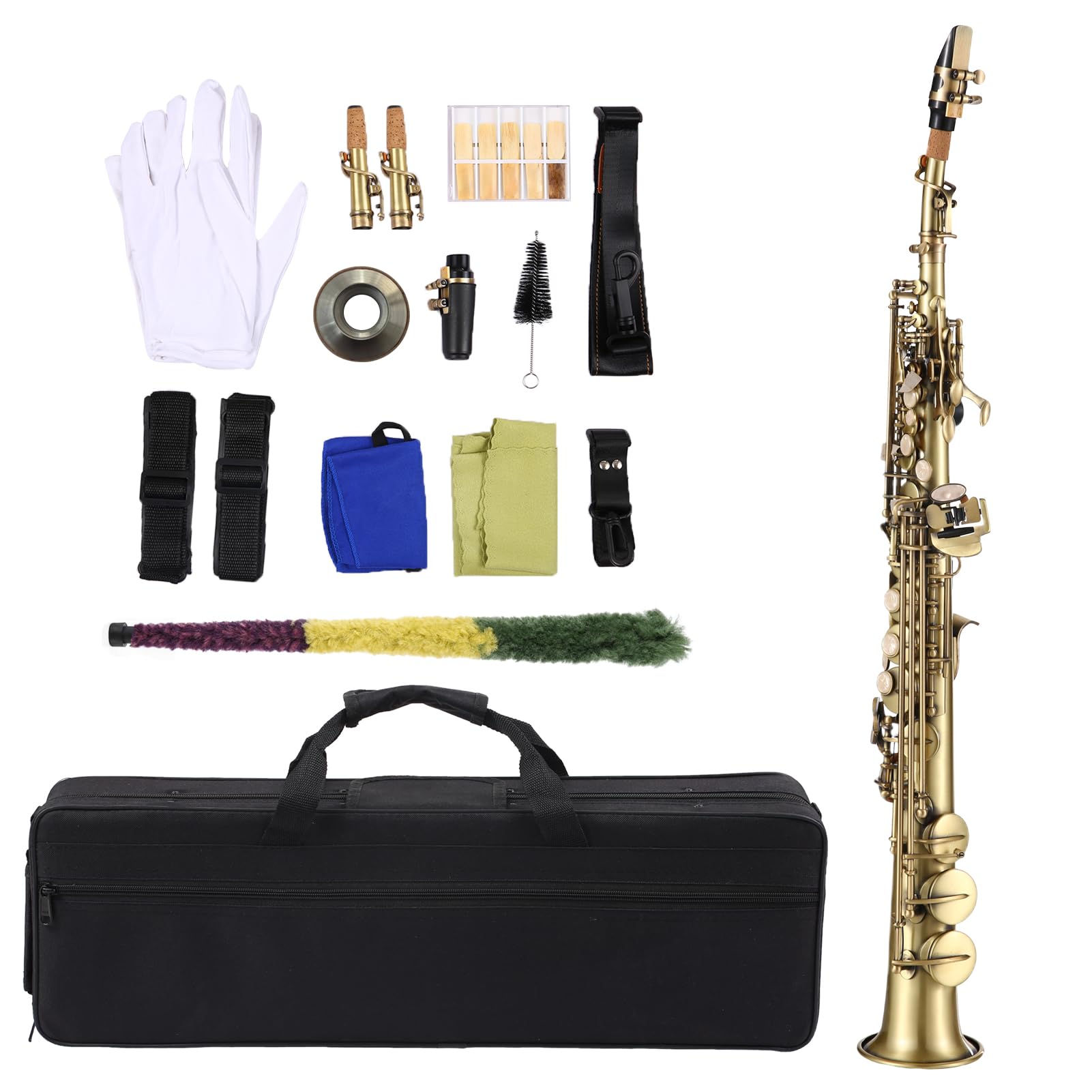 Professional Bb Soprano Saxophone - Straight Brass Woodwind Instrument with Nickel Plating, Carved Pattern, Carrying Case, Mouthpiece & Reed Cleaning Kit | Perfect for Jazz Bands, School Performances & Solo Practice