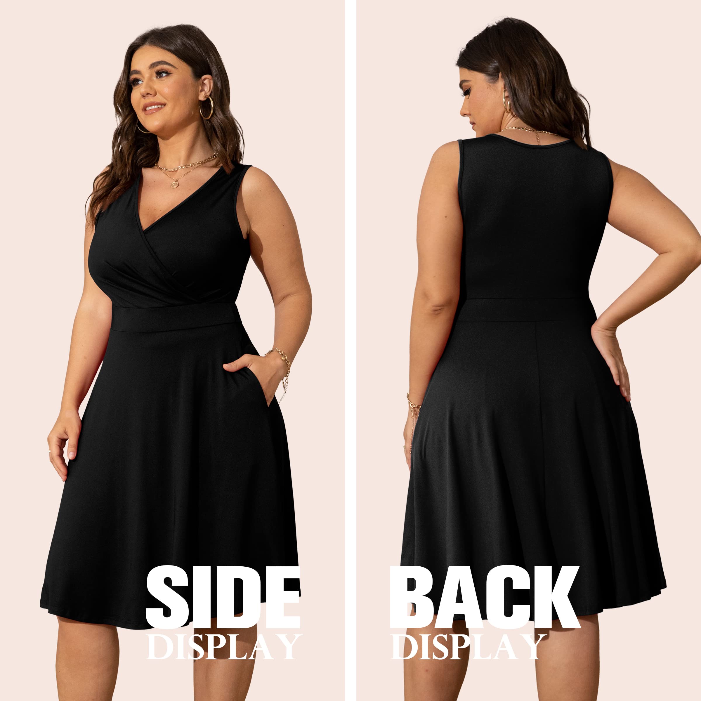 POSESHE Women's Plus Size Sleeveless Wrap V-Neck Sundress - Casual Summer Cocktail Dress with Pockets for Wedding Guest, Beach Vacation & Outdoor Parties