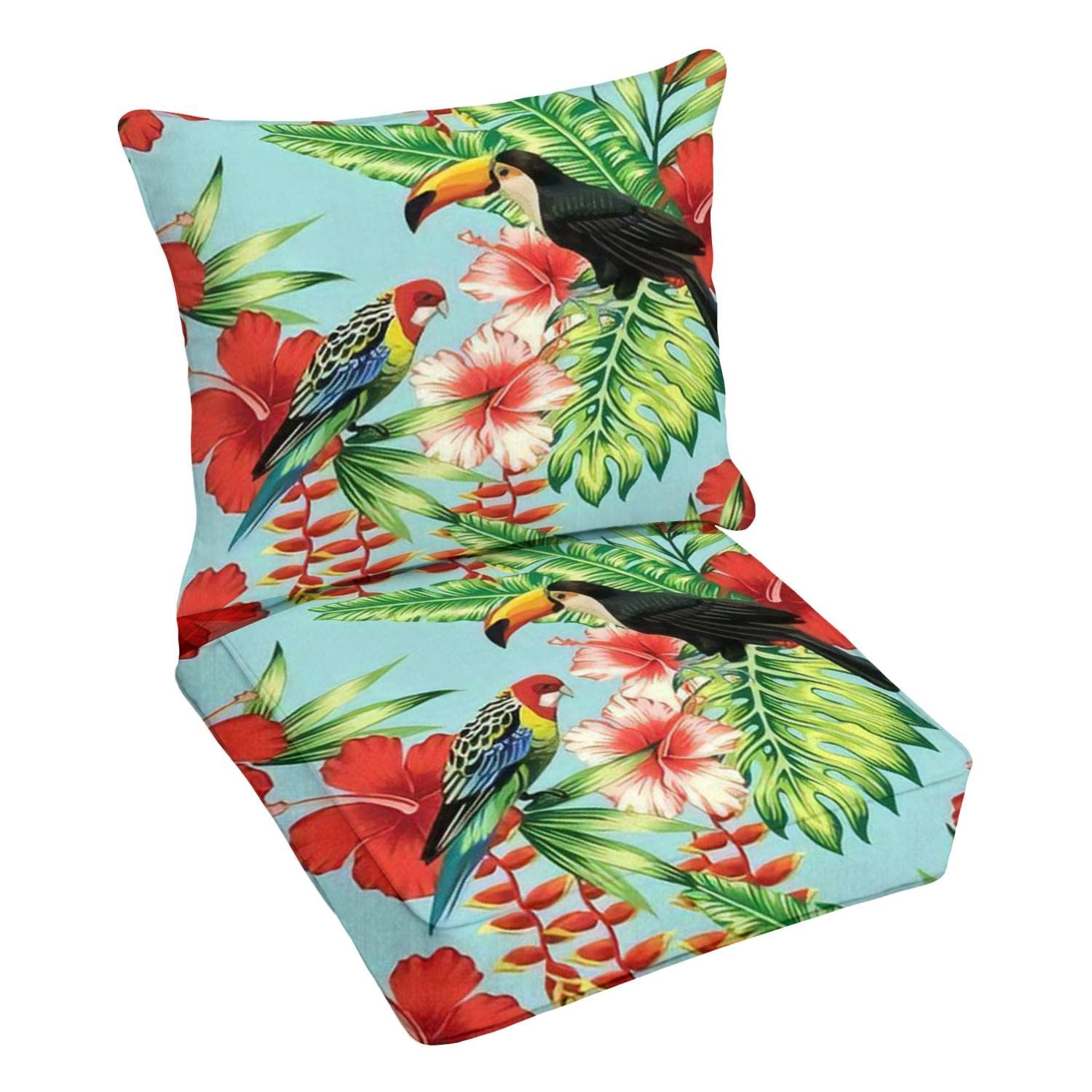 Premium Outdoor Deep Seating Cushion Set - Tropical Toucan & Multicolor Parrot Hibiscus Print - Waterproof Patio Furniture Replacement Cushions for Lounge Chairs, Sofas & Conversation Sets - Perfect for Poolside, Garden & Backyard Relaxation