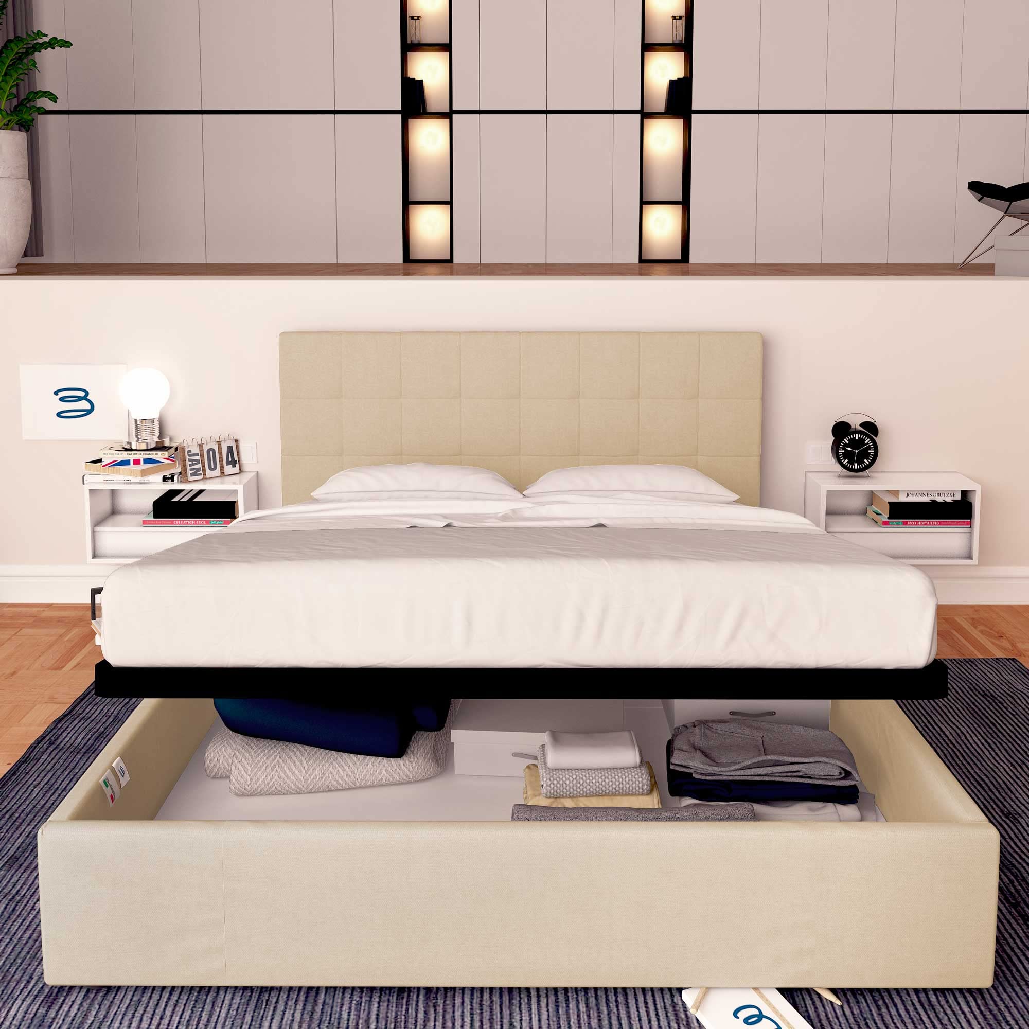 Baldiflex Dublin Fabric Storage Bed Frame with Slatted Base for Queen Mattress, 140x190cm, Elegant Beige Headboard - Perfect for Small Bedrooms & Guest Rooms