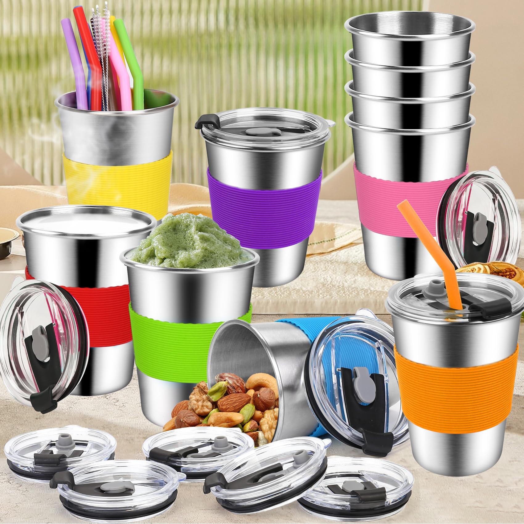 ShineMe 12oz Spill-Proof Toddler Cups with Straws - Reusable Stainless Steel Kids Drinking Cups with Lids & Colorful Silicone Sleeves - Unbreakable for Milk, Water, Juice - Perfect for Daycare, Travel, School Lunch (10-Pack)