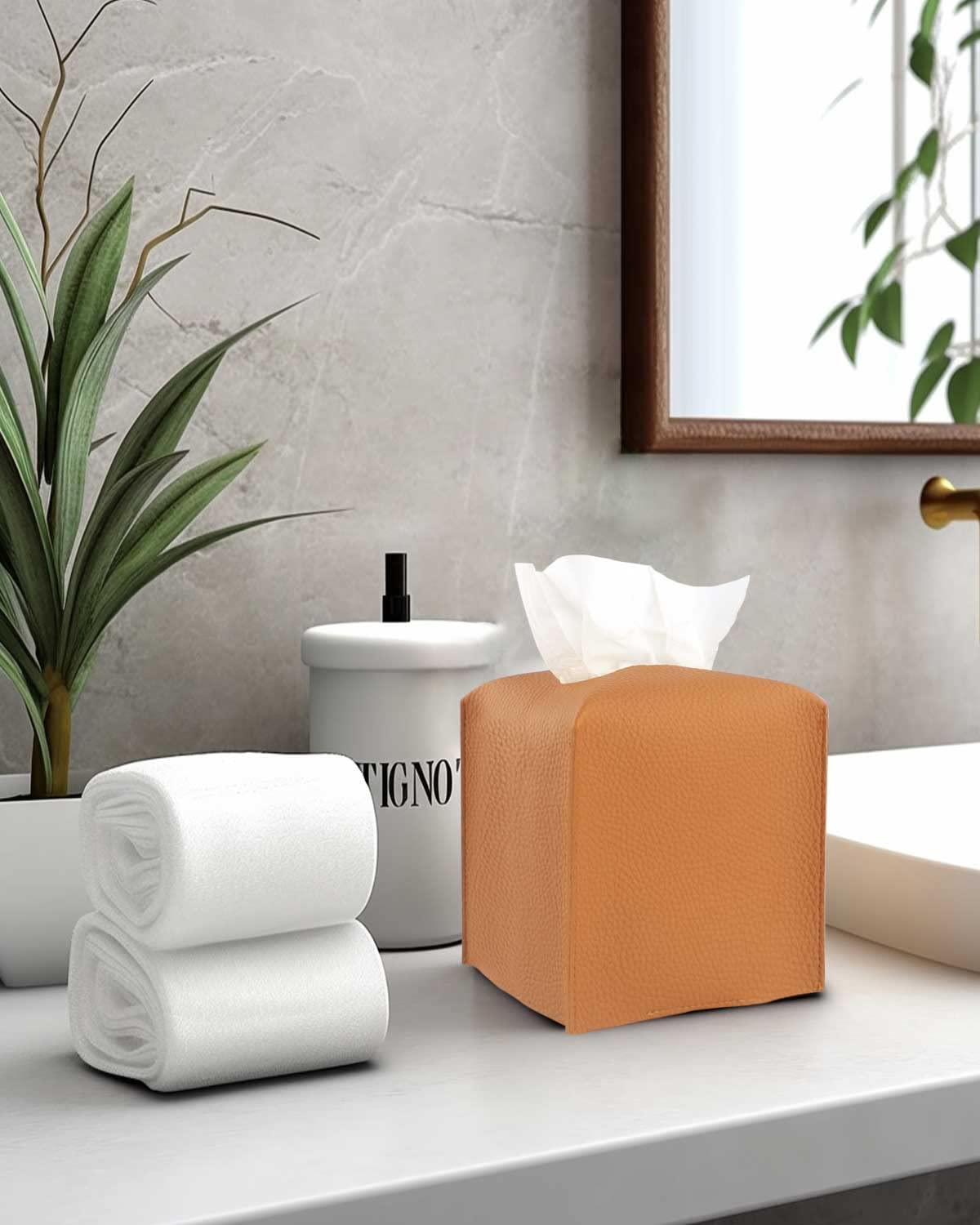 JESMINI Faux Leather Square Tissue Box Cover with Bottom Belt - Camel Brown Tissue Box Holder for Bathroom, Nightstand, Office & Living Room - Decorative Home & Desk Accessory for Tissues