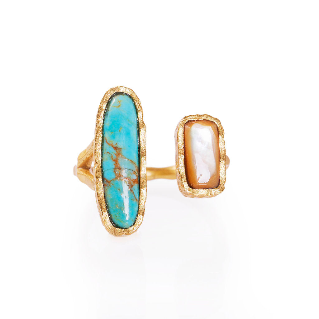 Deco Twin Stone Ring - Turquoise & Pearl Jewelry for Women | Boho Chic Fashion Accessory | Perfect for Parties, Weddings & Everyday Wear