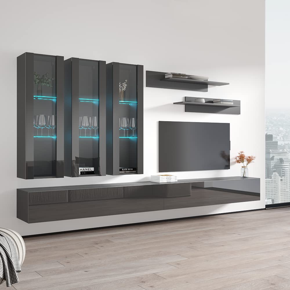 Modern Wall-Mounted TV Stand with Storage & LED Lights - Fly E3 Entertainment Center Console for Bedroom & Living Room - Space-Saving Gray TV Cabinet with Shelves - Perfect for Small Spaces & Home Theater Setup