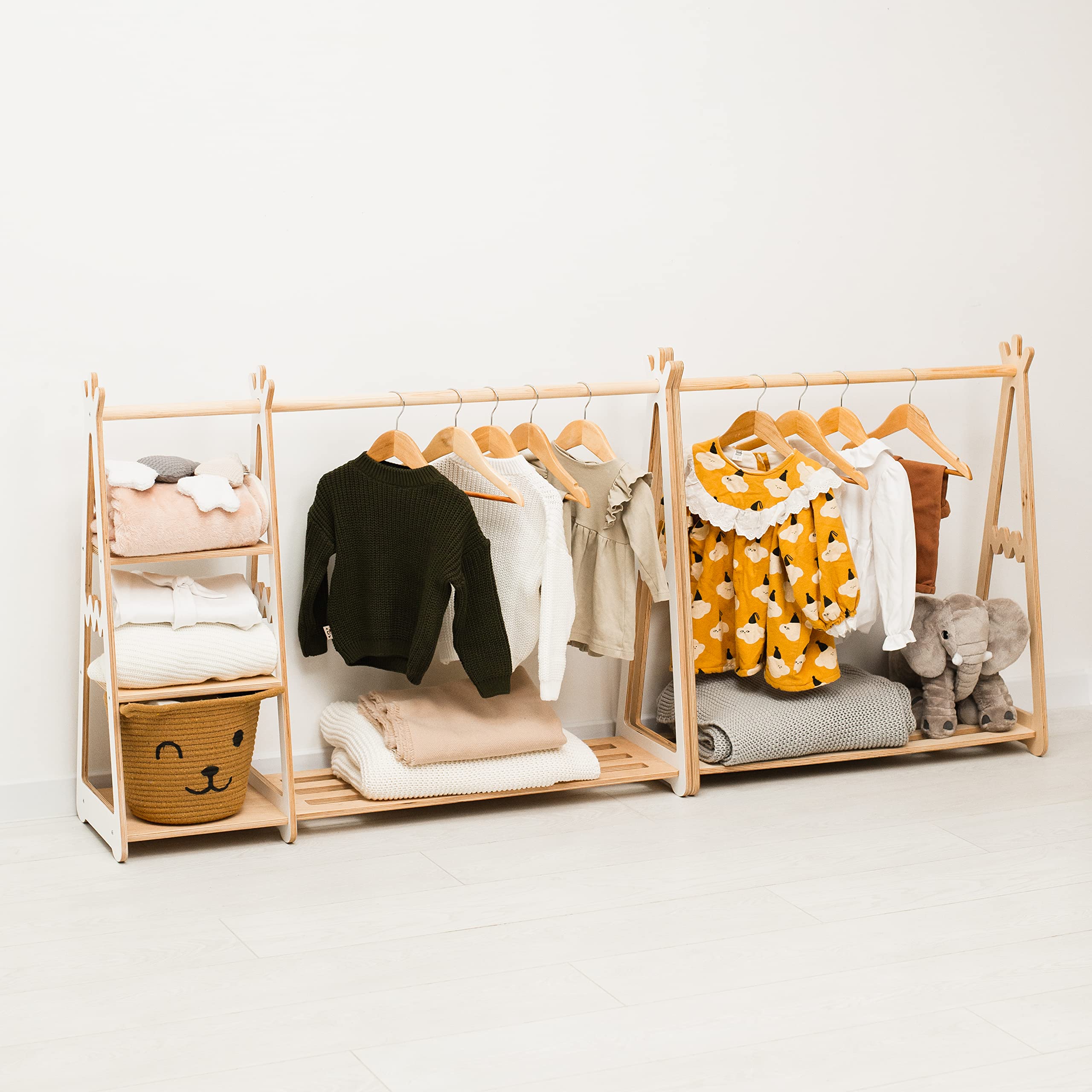 Montessori Teepee Style Kids Clothing Rack - Natural Wood Toddler Clothes Shelf with Shelves for Playroom & Nursery Storage - Perfect Gift for 2nd & 3rd Birthday (Pink) | Organize Baby Clothes, Toys & Neutral Room Decor