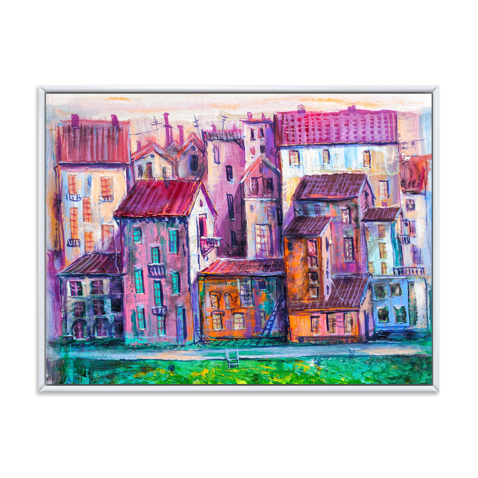 DesignQ Vintage Street with Colorful Old Homes - Modern Framed Canvas Wall Art Print for Living Room, Bedroom & Office Decor