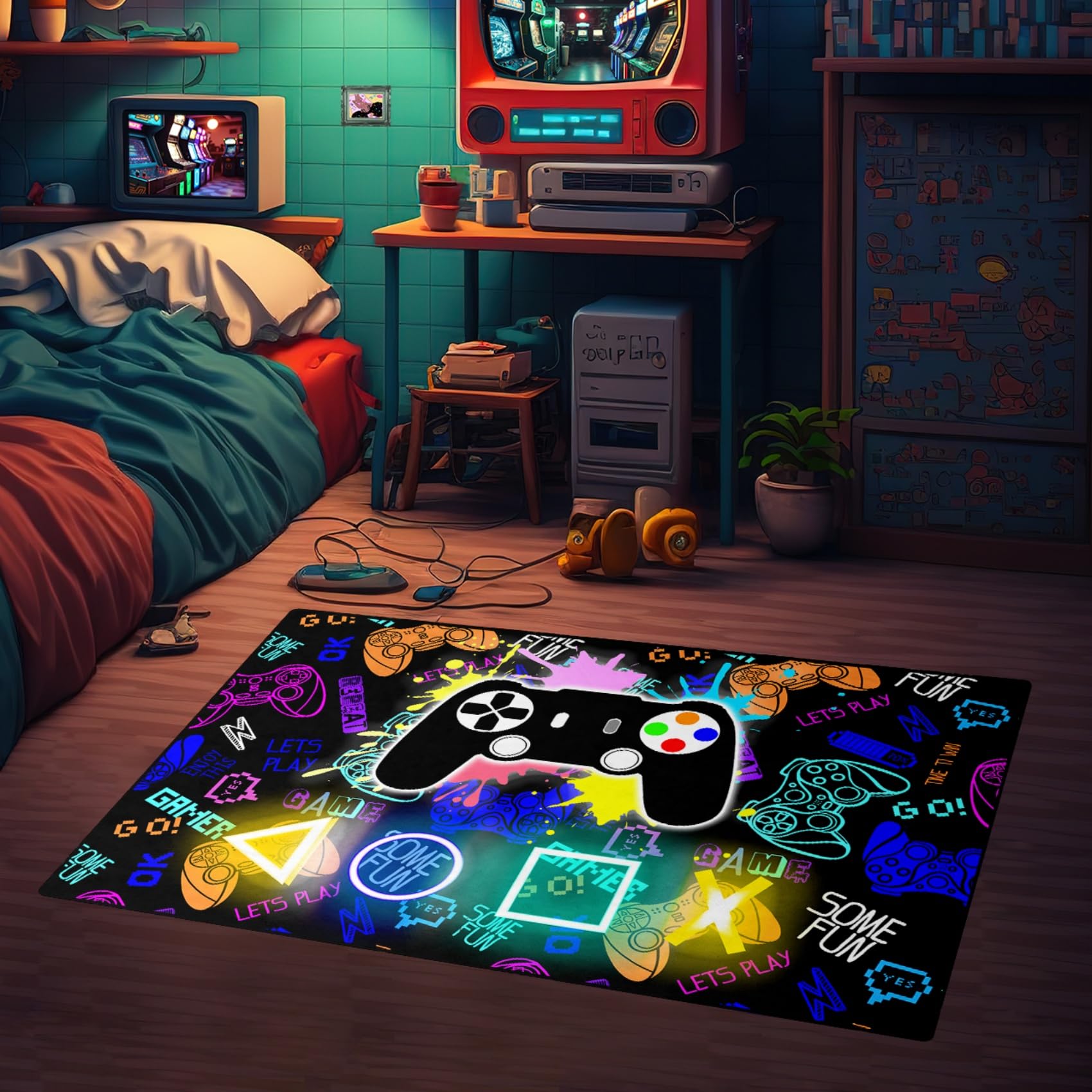 Cool Gaming Area Rugs for Boys & Teens - Video Game Controller Printed Large Carpet for Bedroom & Game Room Decor - Perfect for Teen Boys' Bedroom, Kids Play Area & Gaming Setup