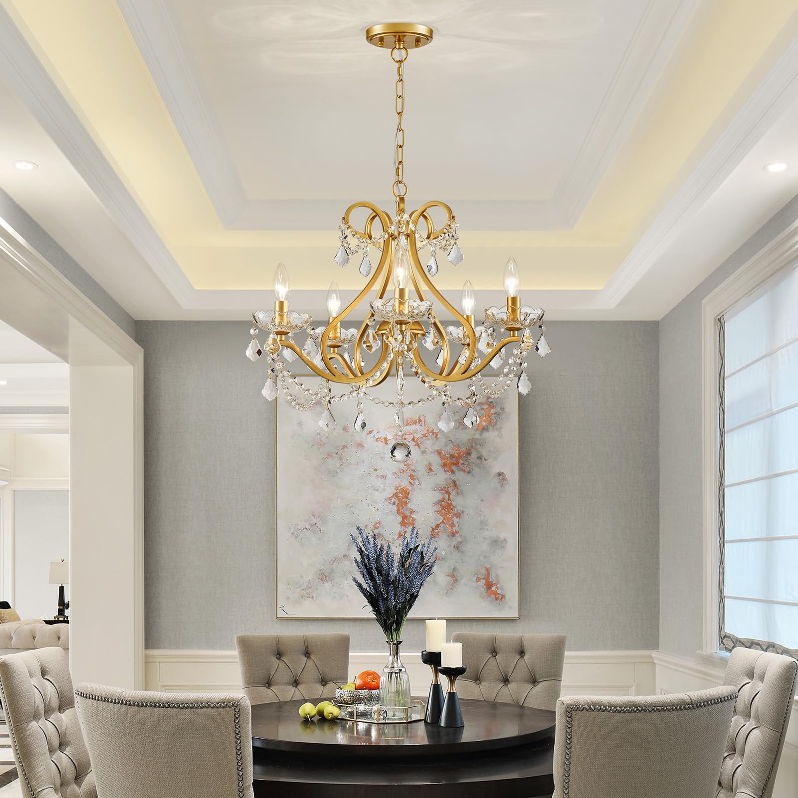WUZUPS Modern 5-Light Crystal Chandelier Flush Mount Ceiling Light Fixture - Gold Finish, E12 Base, 20.9