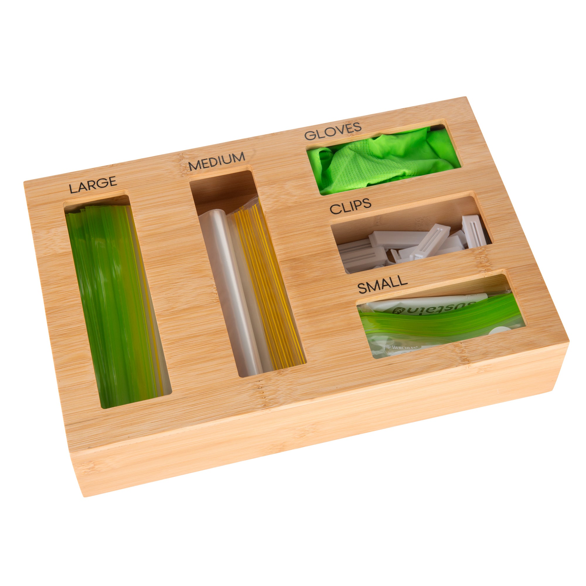 Eco-Friendly Bamboo Food Wrap Dispenser with 3 Inserts & Sandwich Bag Organizer - Perfect for Kitchen Storage & Meal Prep Organization