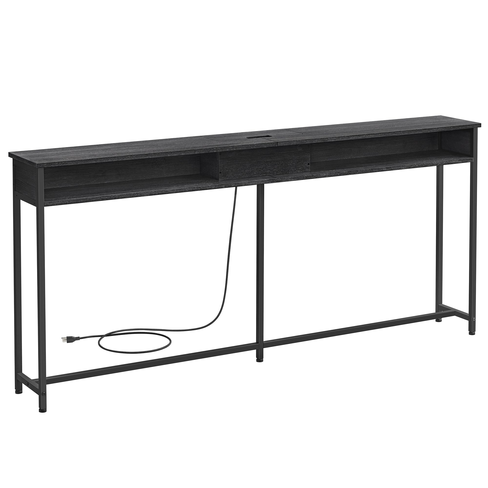 VASAGLE 70.9-Inch Modern Console Table with Built-in USB Outlet & 2 Shelves - Slim Sofa Table with Charging Station, Narrow Entryway Table for Hallway, Living Room - Charcoal Gray & Black ULNT118B22 | Perfect for Small Spaces, Behind Couch, Apartment Decor & Home Office Organization