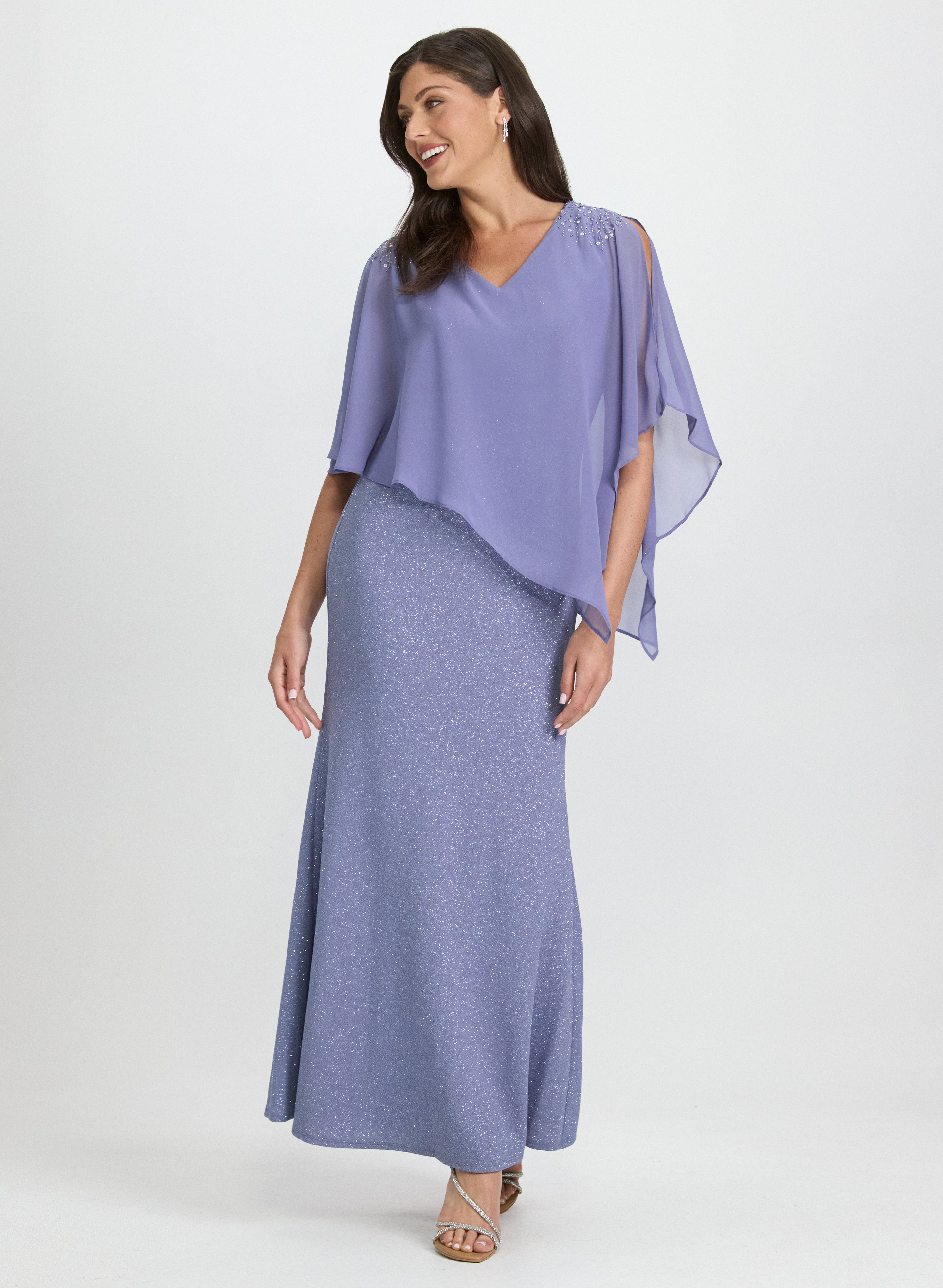 Embellished Capelet Overlay Dress for Women - Elegant Evening Gown with Floral Lace Details | Perfect for Weddings, Parties & Special Occasions