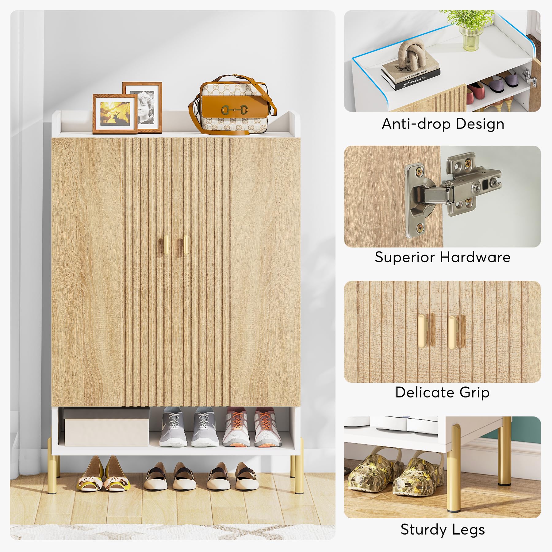 Tribesigns 6-Tier Shoe Storage Cabinet - Adjustable Shelves Freestanding Wooden Shoe Organizer with Doors for Entryway, Hallway, Living Room (White & Wood) - Perfect for Small Spaces, Apartment Entry Storage & Closet Organization