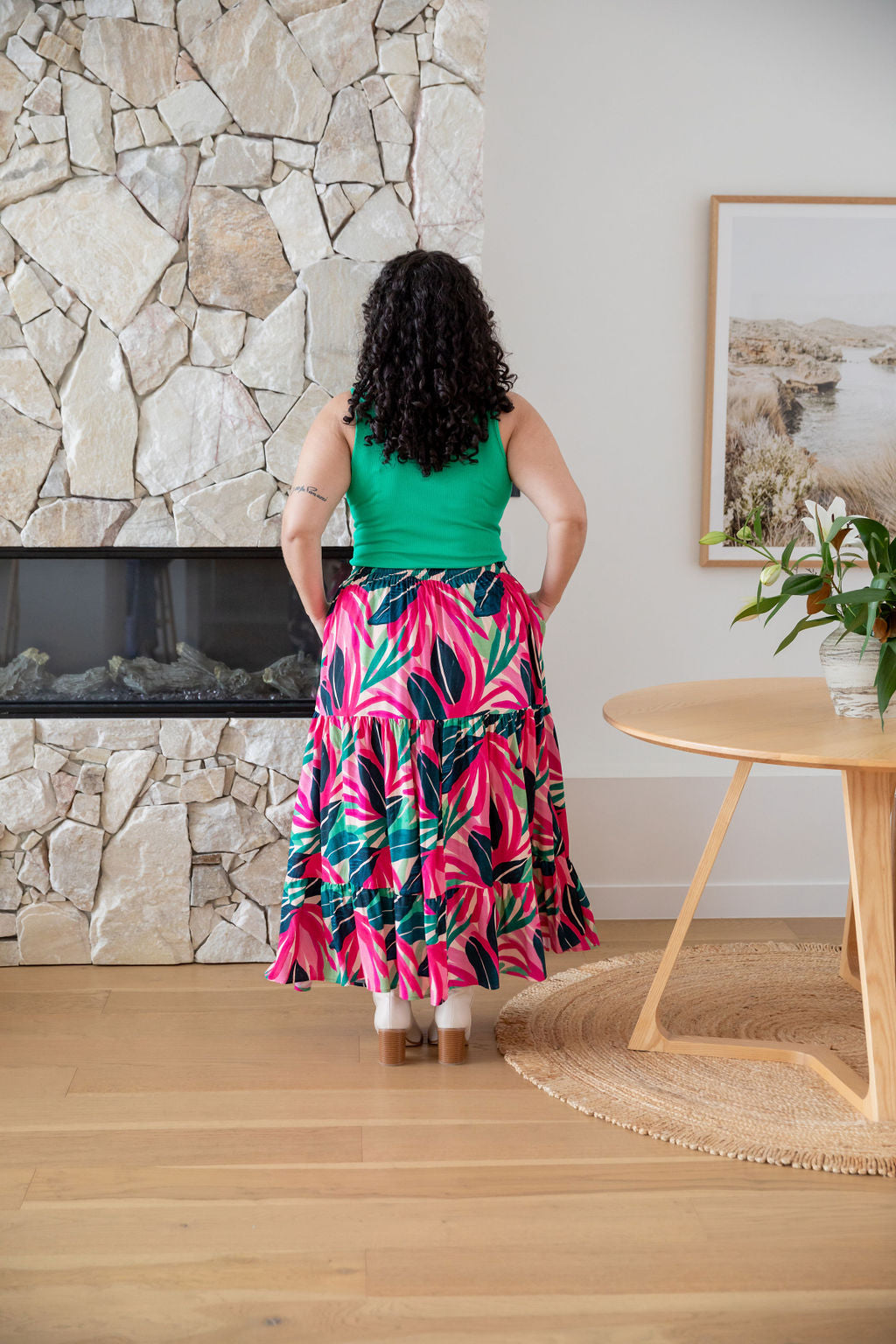 Carrie Skirt in Jungle Pink - Women's Floral A-Line Midi Skirt with Pockets | Perfect for Spring Outfits, Office Wear & Casual Dates