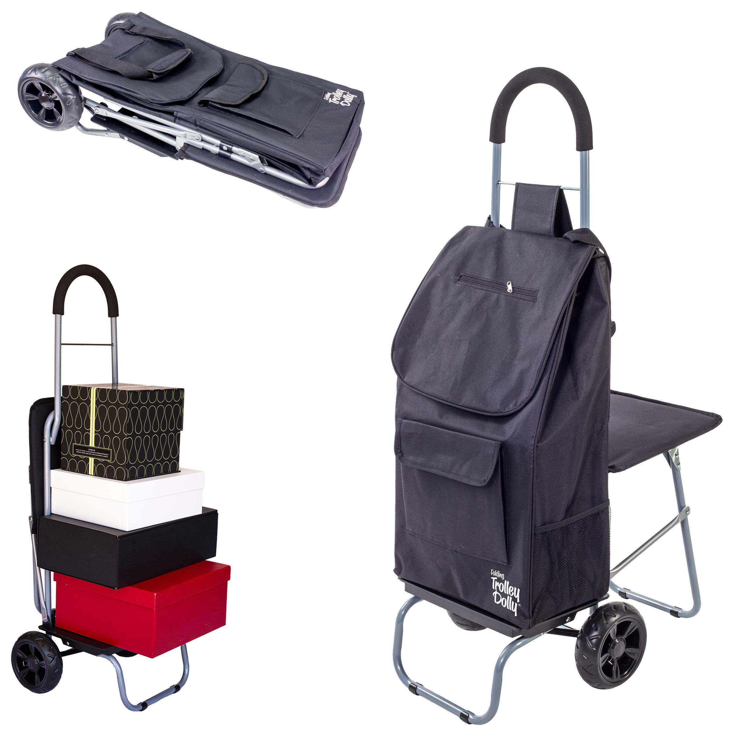 Best Foldable Shopping Cart with Seat - Black Grocery Trolley Dolly for Supermarkets, Parks & Tailgate Parties | dbest Products