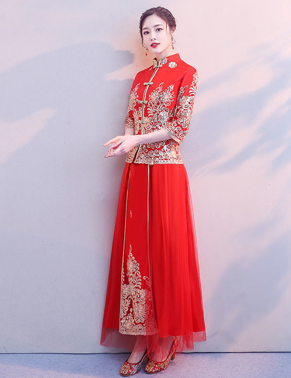 Elegant Sequined Floral Chinese Wedding Dress Qun Kwa - Traditional Bridal Gown for Asian Ceremonies & Cultural Celebrations