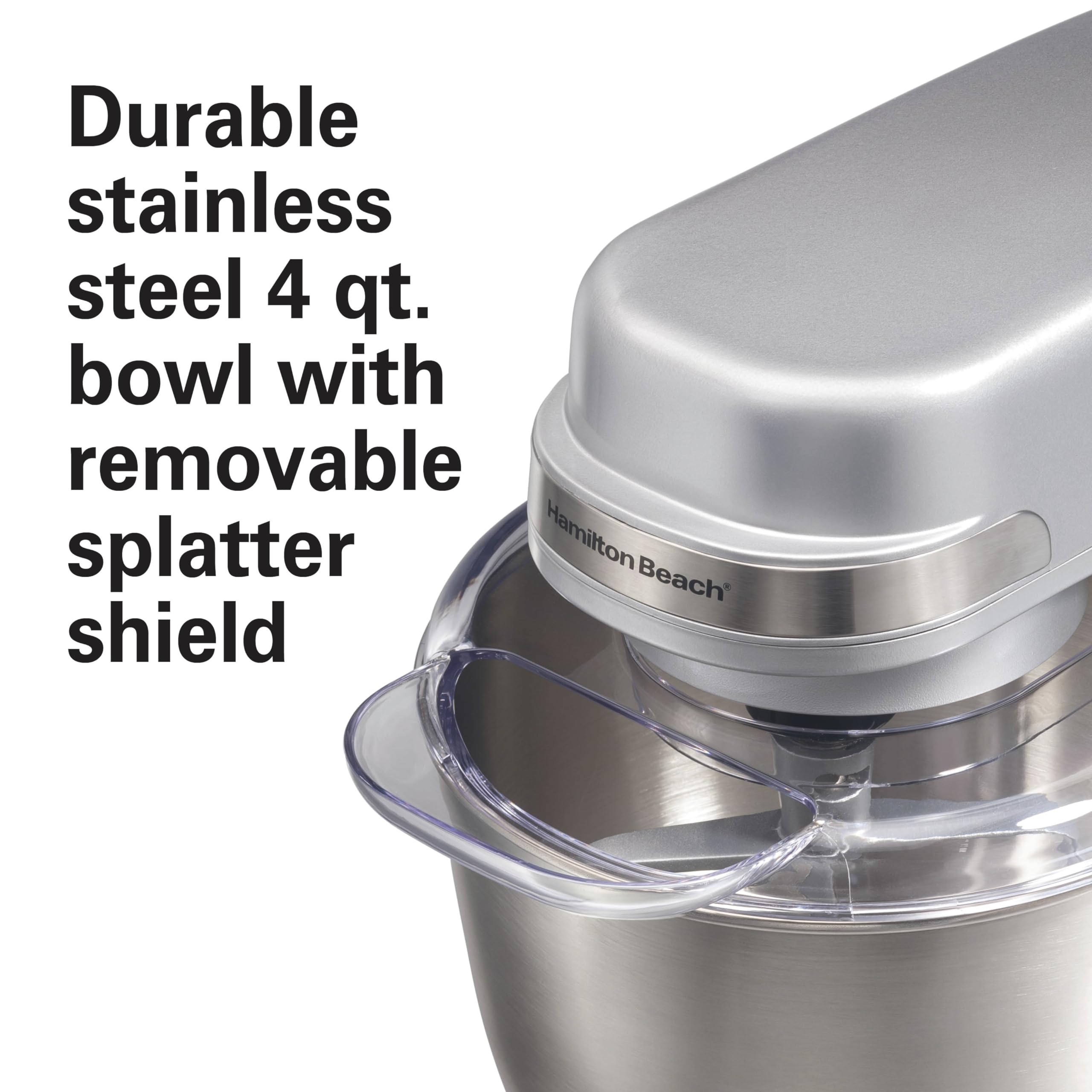 Hamilton Beach 4-Quart Electric Stand Mixer with Dough Hook, Flat Beater & Whisk - 7 Speed Settings & Splash Guard - Perfect for Baking Cakes, Cookies & Bread Dough (Silver)