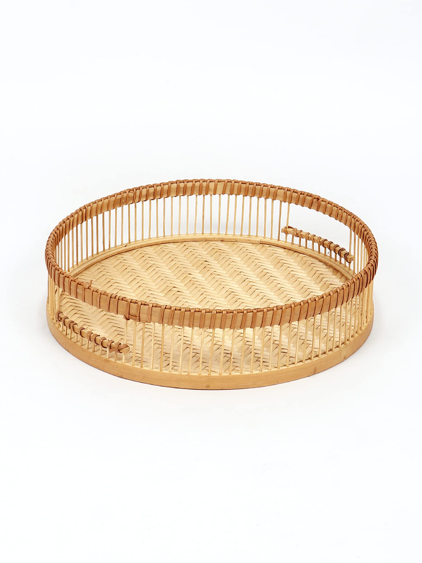 Habere India Handcrafted Bamboo Serving Tray - Decorative Round Tea Tray for Home Decor, Dining & Hospitality (25x4cm, Beige) | Perfect for Coffee Table, Gift Giving & Indian Cultural Events