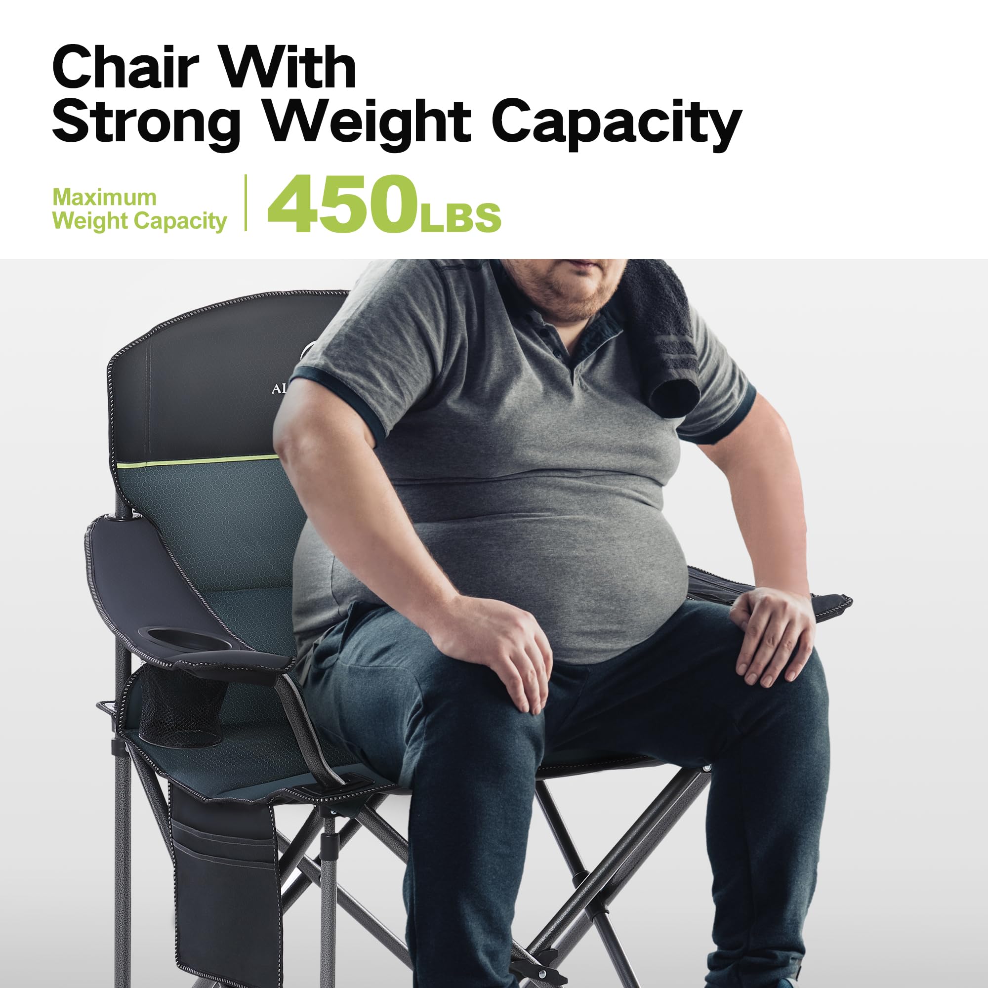 Heavy Duty Folding Camping Chair with Cooler Bag & Cup Holder - Oversized Padded Outdoor Armchair with Storage Pocket & Quad Lumbar Support - Perfect for Backyard, Beach, Picnics, Fishing & Camping Trips